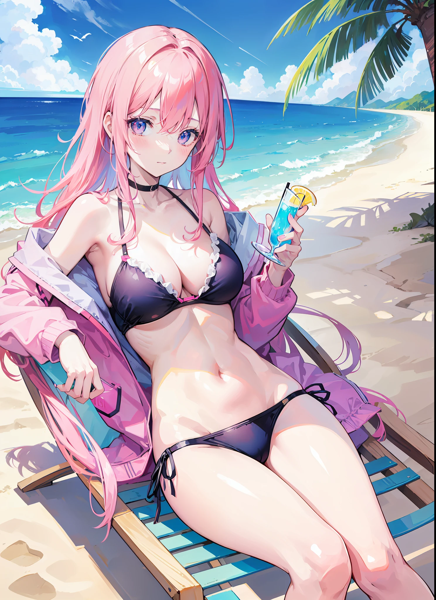 anime girl with pink hair and blue bikini holding a drink, seductive anime girl, at a tropical beach, in the beach, on a beach, [ 4 k digital art ]!!, relaxing at the beach, on a sunny beach, at the beach, beautiful