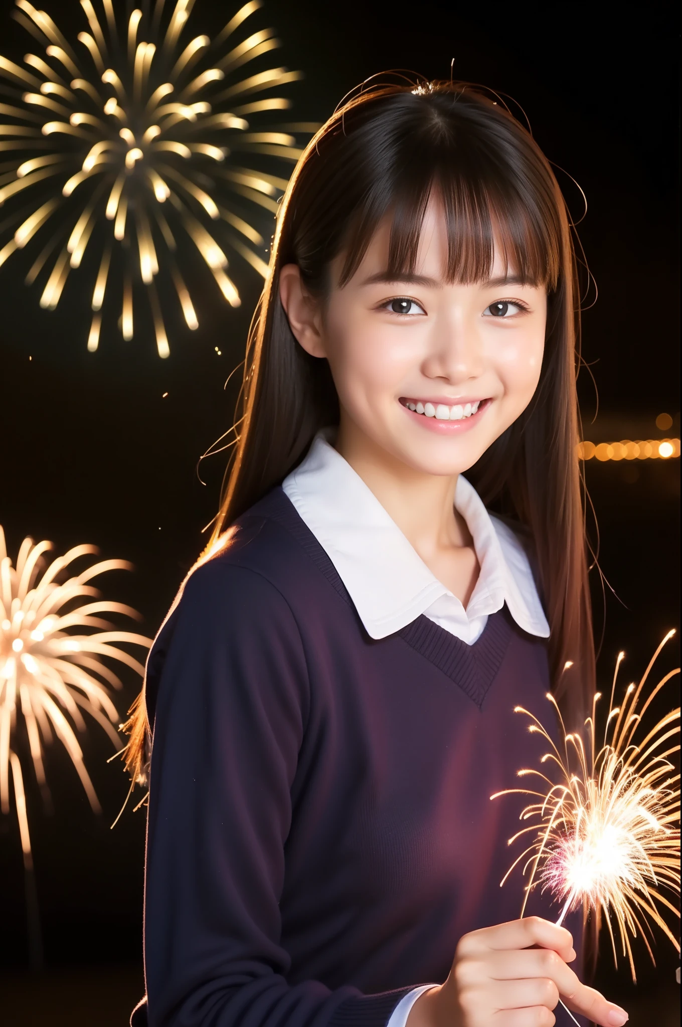 A smile、hi-school girl、While doing fireworks