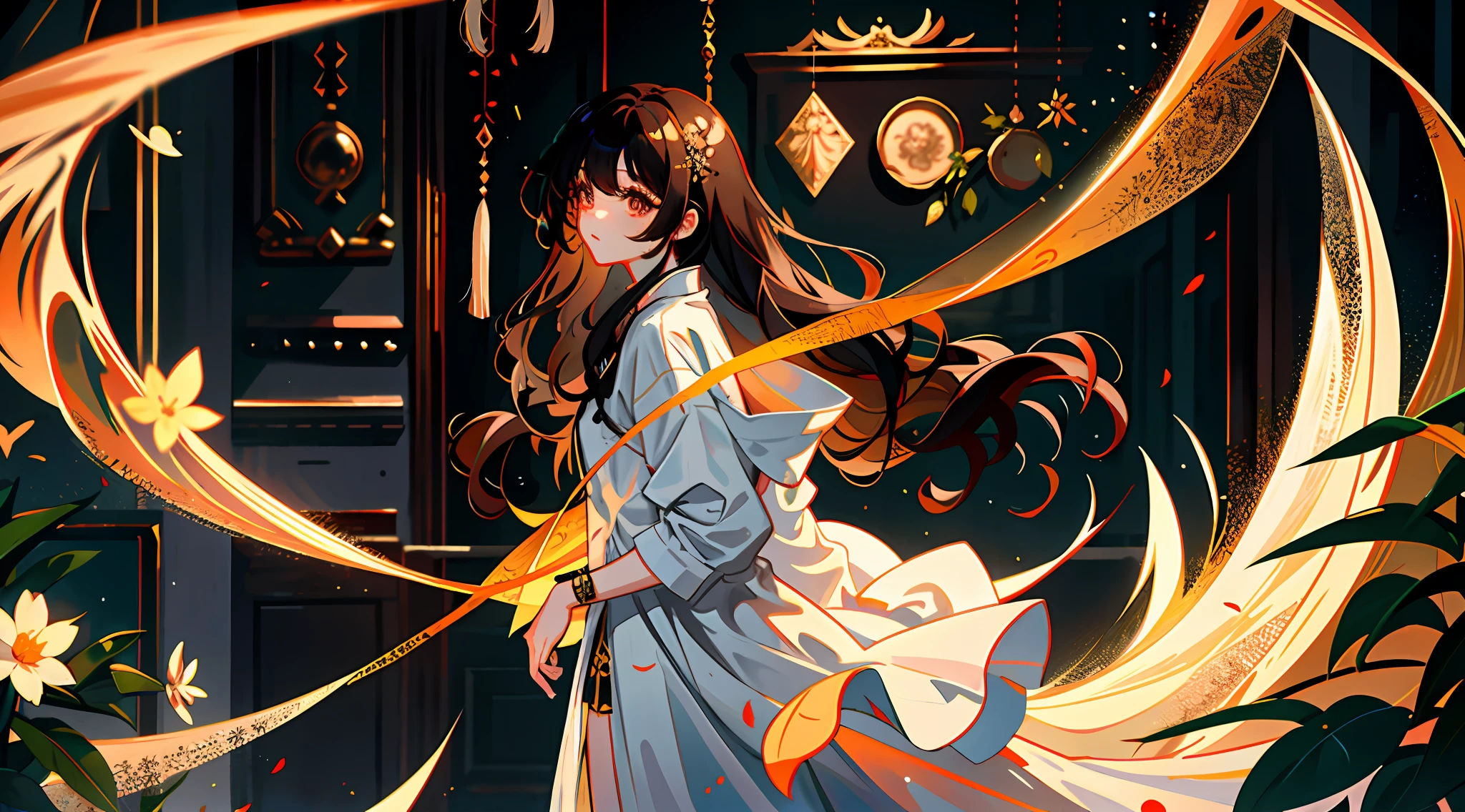 2. The character:Zhixia wears an off-white simple and elegant outfit,Stand in the art gallery,Big wavy curls of dark brown swing gently on the shoulders,She carefully observes each piece of art,The eyes flashed with admiration and appreciation。