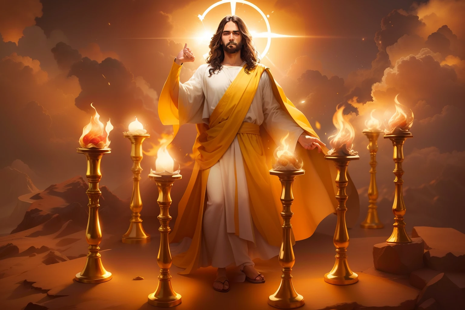 Jesus Cristo com aspecto resplandecente como o sol andando no meio de Candeeiros de Ouro puro lindo e dourado. Image with very high lighting quality, Very high resolution image, image with very high coloration, imagem tipo desenho, imagem hiperdetalhada.