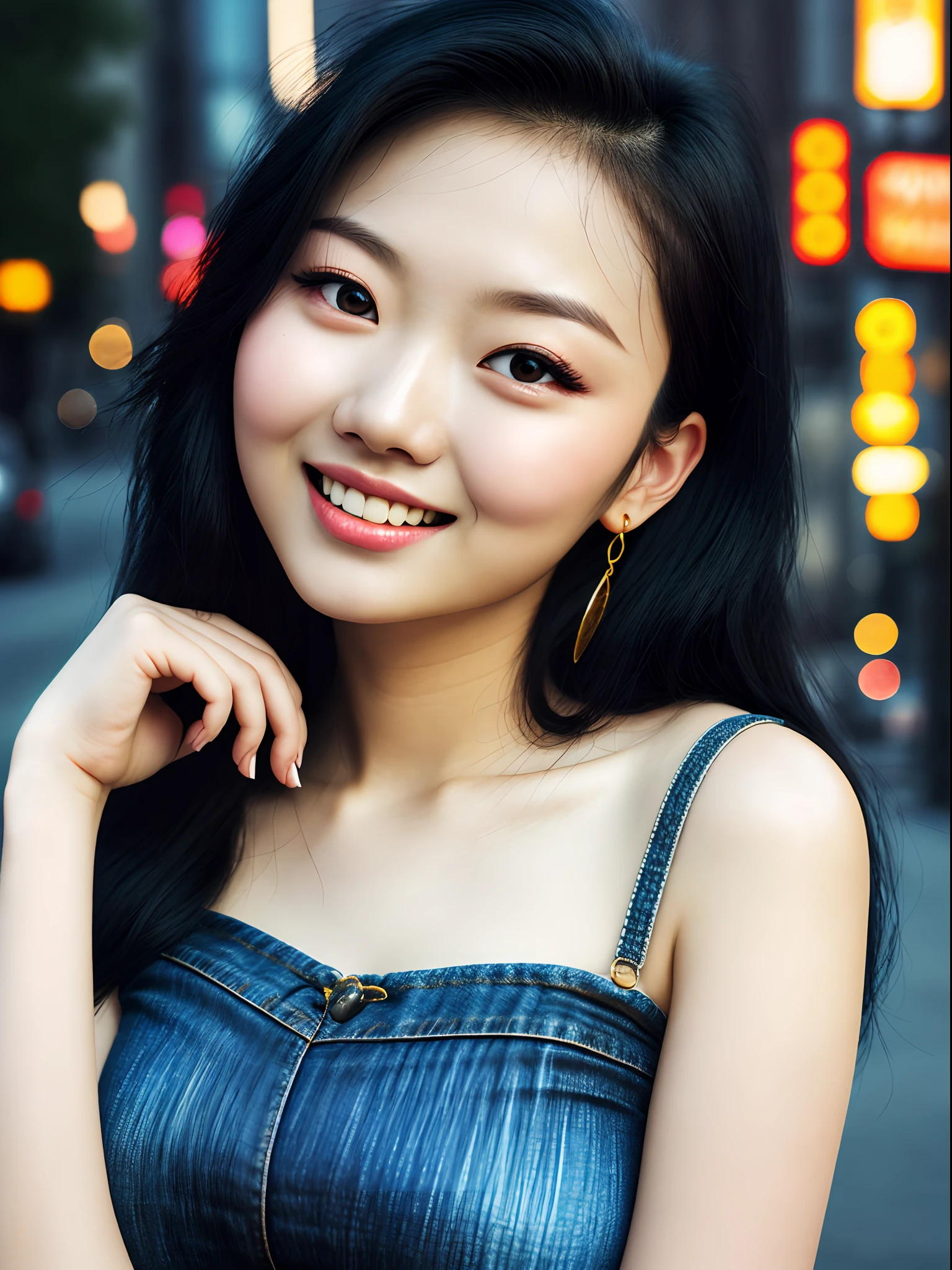 20 years old, slightly chubby and pure beauty, danfeng eyes, double eyelids, lying silkworm, long eyelashes, black eyes, deep black hair, graceful body, showing slender waist, casual T-shirt, new perfect jeans, face highlight, smile, look at me, bust photo, background, city night scene, Tyndall light, filter rendering, super fine, HD, HD, HD picture quality, detail, 18k ultra HD resolution, top effect, master work, bust photo.