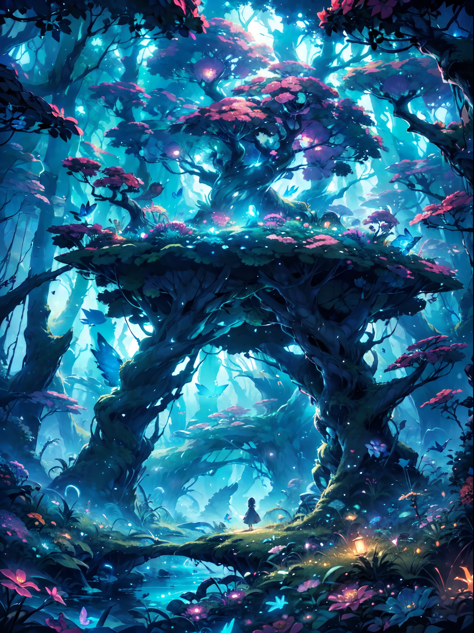 Night time, moon shine, In verdant landscape, (girl focus:1.2),where a girl embarks on a journey up a green slope, ((surrounded by the protective canopy of a forest , sea of an colorful glowing flowers, butterflies, fireflies, )) BREAK With deliberate and gentle footsteps, she ascend the steep mountain, yearning to explore the hidden depths of the ancient woodland, as she venture deeper into the heart of the forest, the atmosphere becomes still and unchanging, as if time itself has ceased to move, scene of a girl navigate herself in the motionless labyrinth of the forest,with a sense of tranquility and intrigue that permeates the scene, with vivid color paintingBREAK,Detailed,Realistic,4k highly detailed digital art,octane render, bioluminescent, BREAK 8K resolution concept art, realism,by Mappa studios,masterpiece,best quality,official art,illustration,ligne claire,(cool_color),perfect composition,absurdres, fantasy,focused,rule of third