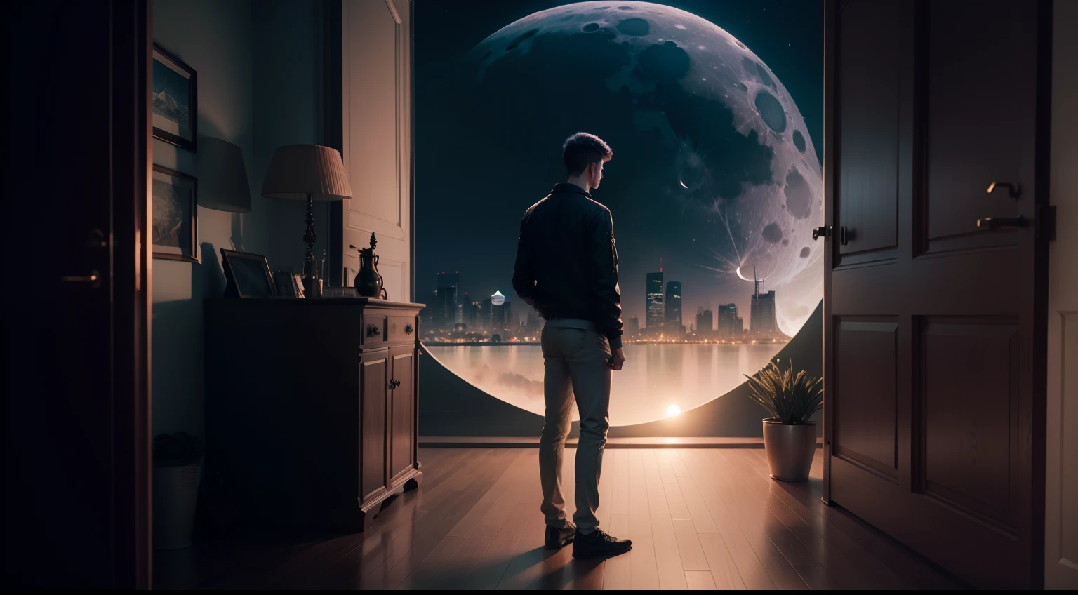 A young man standing in his house looking at the moon near a cinematic river,8k.