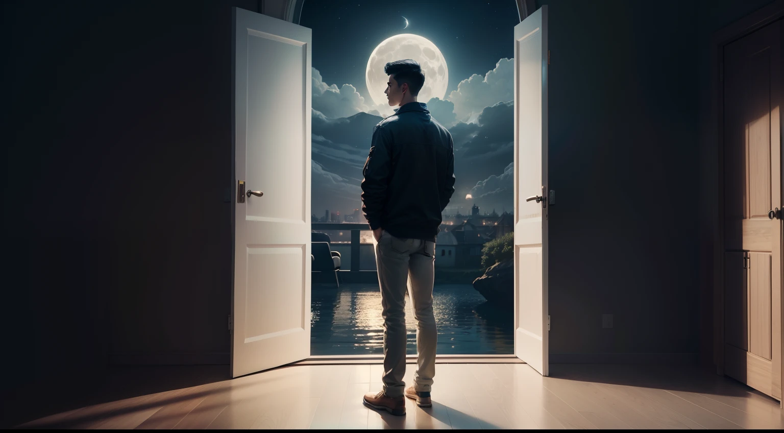 A young man standing in his house looking at the moon near a cinematic river,8k.