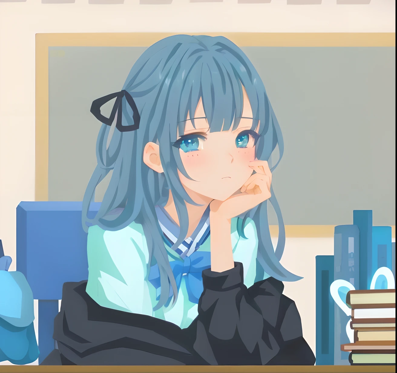 Anime girl sitting at desk，Holding a book and a blackboard, anime moe art style, Beautiful Anime High School Girls, An anime girl, Anime girl with teal hair, up of young anime girl, in an anime style, In anime style, Digital anime illustration, Soft anime illustration, Cute anime girl, Anime art style, Flat anime style, 2 d anime style