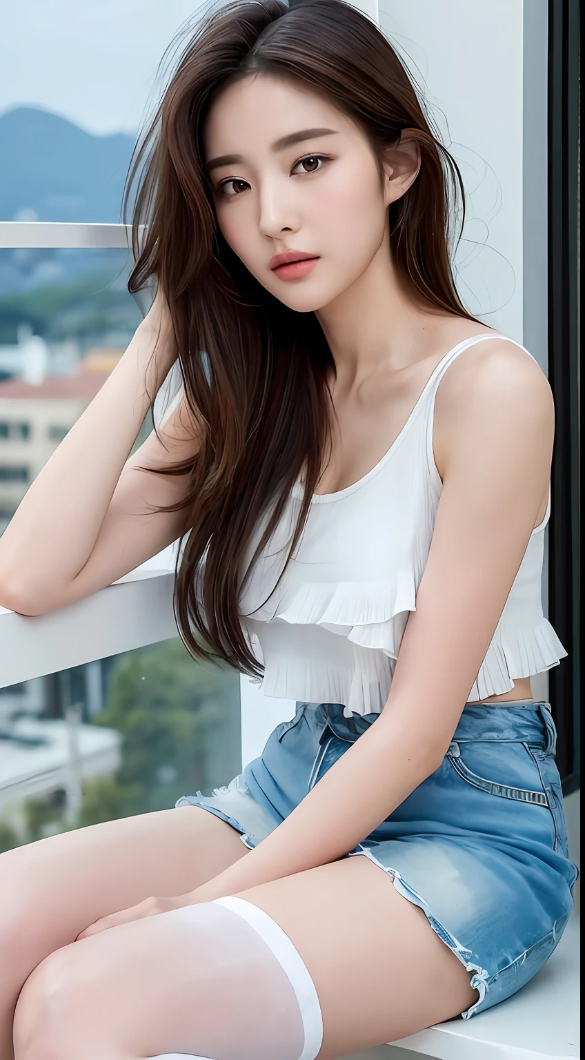 ((Best quality, 8K, Masterpiece :1.3)),Beautuful Women,Hide your face,2 girls,big breasts beautiful:1.3,Slender abs:1.1,white stockings,,cabelos preto e longos,(Sitting on the balcony),Super detailed face,Highly detailed lips,A detailed eye,Double eyelids are clearly focused :1.2, perfect figure beautiful woman:1.4, ((Layered Hair Style:1.2)), (Tank top shirt:1.1 ),Highly detailed facial and skin texture,