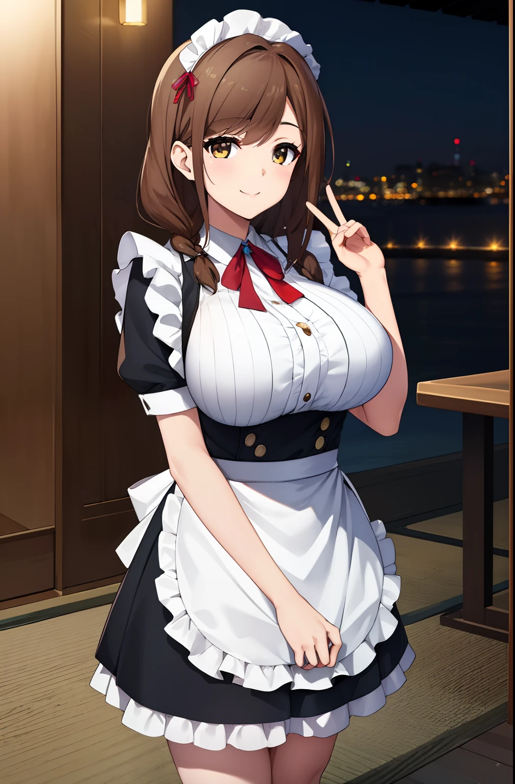 (Night:1.7), Japan, Tokyo, CityView, Before Window,
Standing at attention,
maid, maid headdress, maid apron, maid_Dress,
brown_eyes,brown_hair,braid,
1 girl, 20yo,mature female,Beautiful Finger,Beautiful long legs,Beautiful body,Beautiful Nose,Beautiful character design, perfect eyes, perfect face,
looking at viewer, Light_Smile,
NSFW,official art,extremely detailed CG unity 8k wallpaper, perfect lighting,Colorful, Bright_Front_face_Lighting,
(masterpiece:1.0),(best_quality:1.0), ultra high res,4K,ultra-detailed,
photography, 8K, HDR, highres, absurdres:1.2, Kodak portra 400, film grain, blurry background, bokeh:1.2, lens flare, (vibrant_color:1.2)
(Beautiful,large_Breasts:1.4), (beautiful_face:1.5),(narrow_waist),