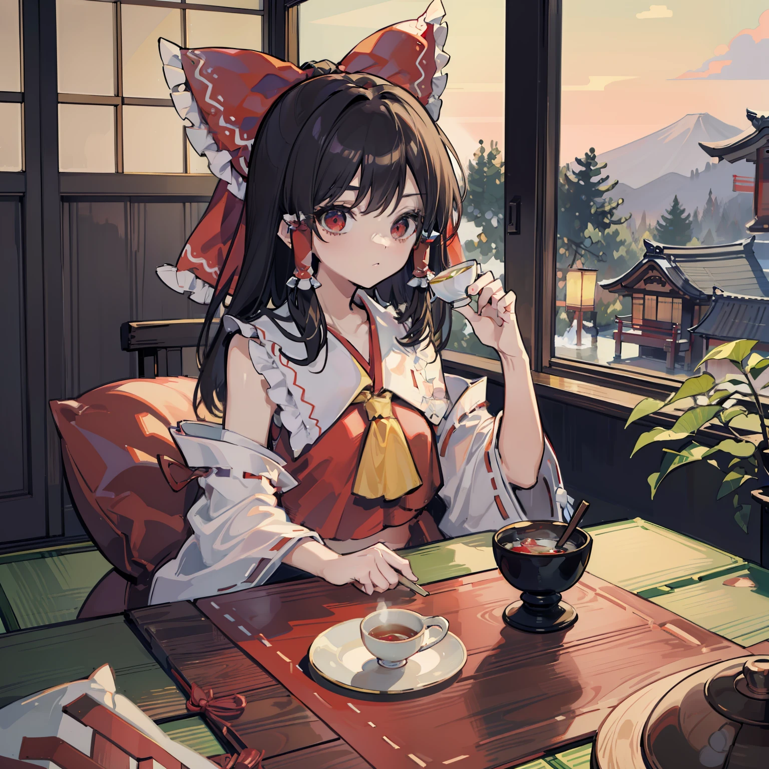 masutepiece, Fine detail, 4K, 8K, 12K, Solo, Alone, Beautiful Girl, caucasian female, reimu hakurei, Drinking tea, Dining table, wooden, cushion, Japanese-style room, Japanese-style interior、traditional Japanese room、Indoors、No straw