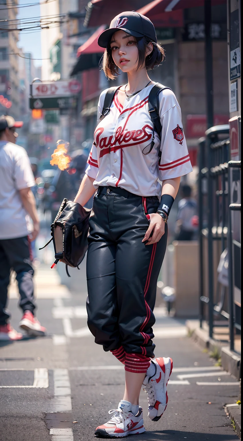 A Japanese woman walking in the city，Buildings，A plant，ssmile，Mixed Korean，The background is blurred out，focal，电影灯光，(((tmasterpiece))), ((best qualtiy)), ((Complex and detailed)), ((ultra-realistic realism)), Ridiculous resolution, A MILF, Mature woman, ssee-through, highly  detailed, illustratio, 1girll, (huge tit), Thin waist and thick hips，long leges，beatiful detailed eyes, short detailed hair, brunette color hair, a purple eye, (Baseball uniforms:1.2),Baseball uniform T-shirt，Baseball uniform shorts，Baseball shoes，Socks，Knee protectors，baseball cap，baseball，Baseball bat，Baseball pants，baseball player，Leggings，Baseball leggings，（underdressing）, pantiess, detailed back ground, perfect  eyes, Seductive eye, looking at viewert, From the front，Wear light，