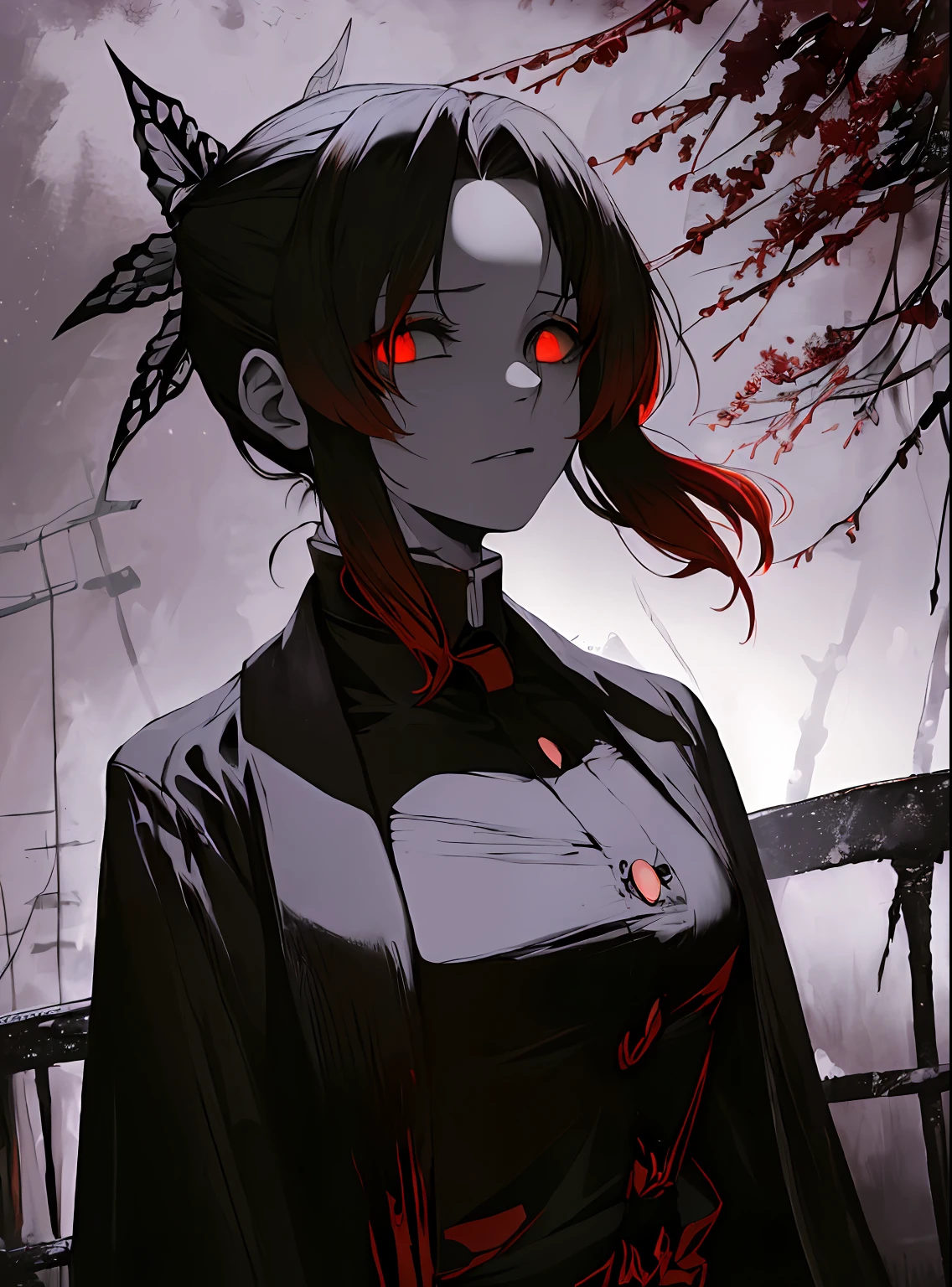 (masterpiece:1.2), best quality, masterpiece, highres, 8k, photorealistic, original, extremely detailed wallpaper, (ultra-detailed), (best illustration), (best shadow), 1girl, (upper body:1.4), makima, red hair, yellow eyes, standing, braided ponytail, ringed eyes, collared shirt, black necktie, black pants, black overcoat, hand in overcoat pocket, blood stains, blood on shirt, blood on face, expressionless, walking towards viewer, ((night, dark atmosphere, dark theme, scary atmosphere, darkness:1.5)), glowing eyes, smoke, looking at viewer, narrow alley, metal bars, blood on floor, blood on walls,