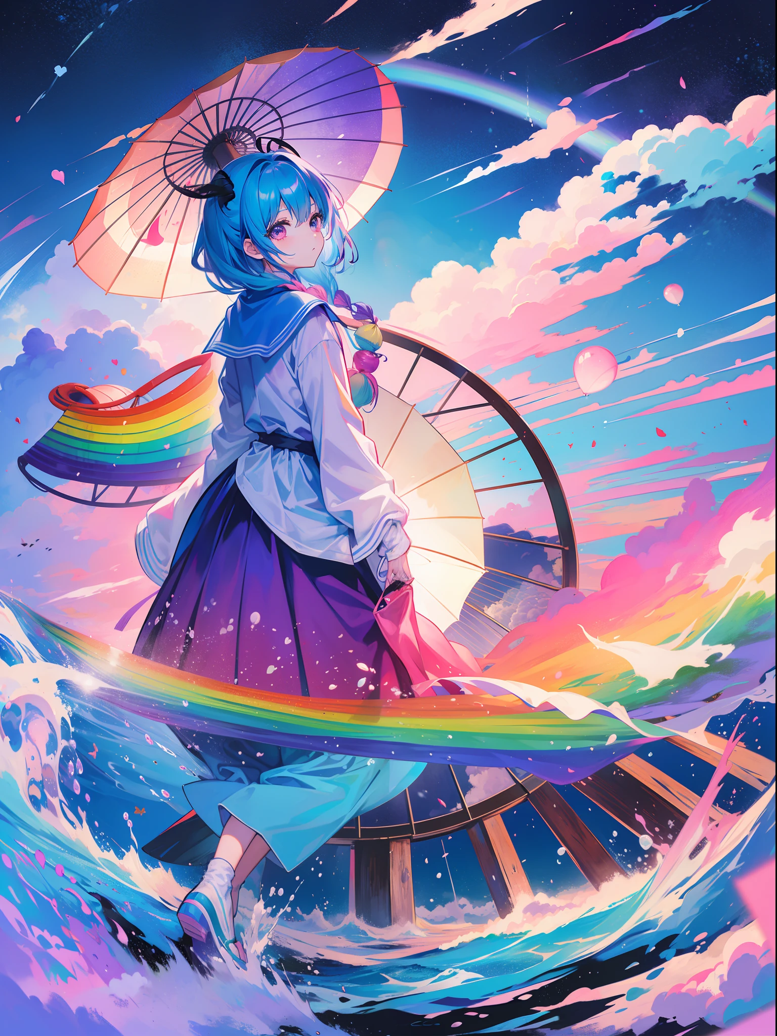 Dark Magician Girl、MKSKS style、1 persons、(highly detailed back ground:1.0)、(highly detailed back ground:1.0)、​masterpiece、top-quality、超A high resolution、8K、full body Esbian、frombelow、Looking back、(1/2 pink and 1/2 Light blue hair、rainbow-colored hair)、(A detailed eye、Blue eyes)、Laughing、(Rainbow Print Cardigan、1/2 pink and 1/2 Light blue cardigan)、Detailed skin、(Lavender fields:1.3、Holding a rainbow parasol:1.2、Waterwheel:1.3)、Daytime、夏天、Soap bubbles、wakame、wakame、wakame、wakame、wakame、wakame、wakame、wakame、wakame、wakame、wakame、wakame、wakame、wakame、wakame、wakame、wakame、wakame、wakame、wakame、wakame、wakame、wakame、wakame、wakame
