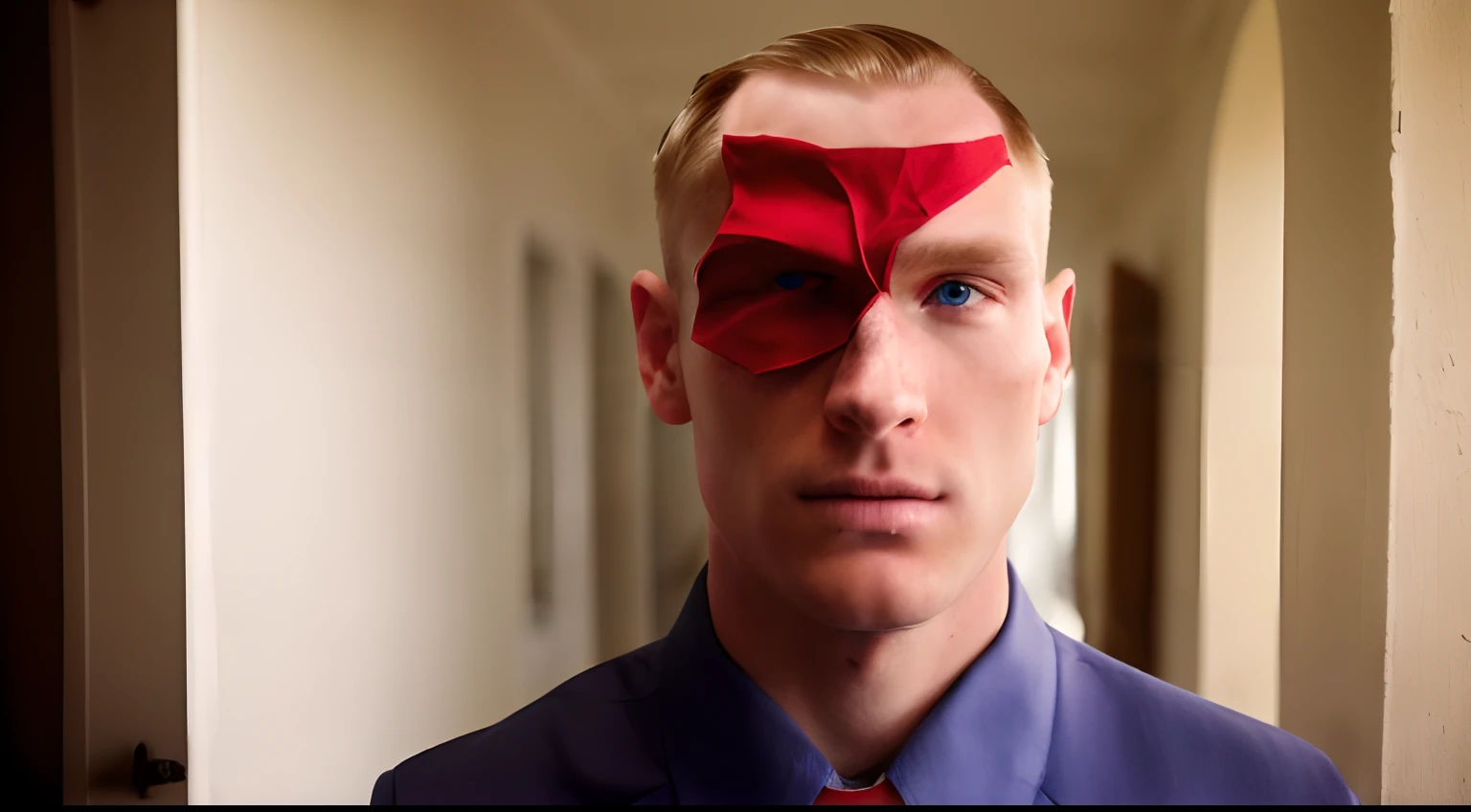 A man with blond hair in a dark green military uniform, red bandage on the left eye, blue eye color, freckles