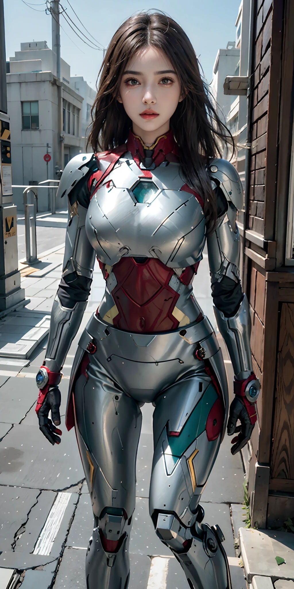 RAW, masterpiece, ultra fine photography,, best quality, ultra high definition, photorealistic, sunlight, full body portrait, stunningly beautiful, combat pose, delicate face, brilliant eyes, (front view,full body), she wears futuristic Iron Man mech, blue and yellow and green color scheme, (Iron Man destroyed on the floor), detailed face, detailed and complex busy background, messy and gorgeous, rich plump breasts, High Detail Skin, Realistic Skin Details, Visible Pore, Sharp Focus, Volumetric Fog, 8K UHD, DSLR Camera, High Quality, Film Grain, Fair Skin, Photorealism, Lomography, View from Below, Translucent