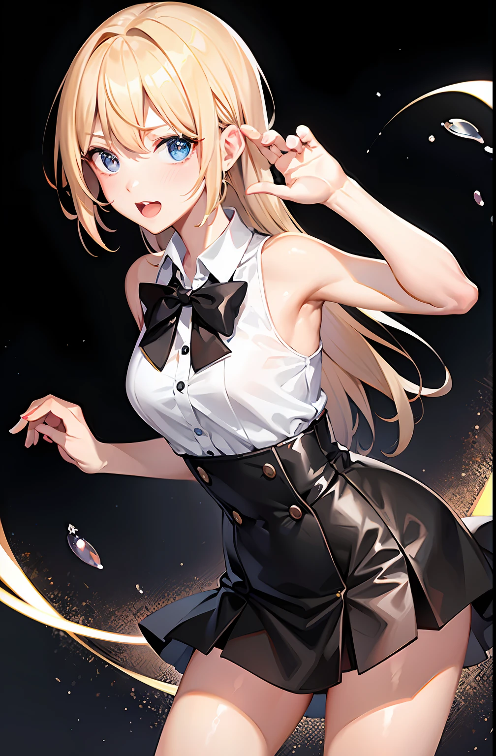 best qualtiy，超高分辨率，1 cute girl with，sleeveless white button shirt，a black skirt，Black collar，Shy fat particles：1，Platinum blonde hair：1，Puffy eyes，The whole body faces forward，Red face，Drunken，Flushing of the nose，Colorful gradient hair，Topcoat，85mm，blonde hair, 8k, high detal，high high quality，tmasterpiece。