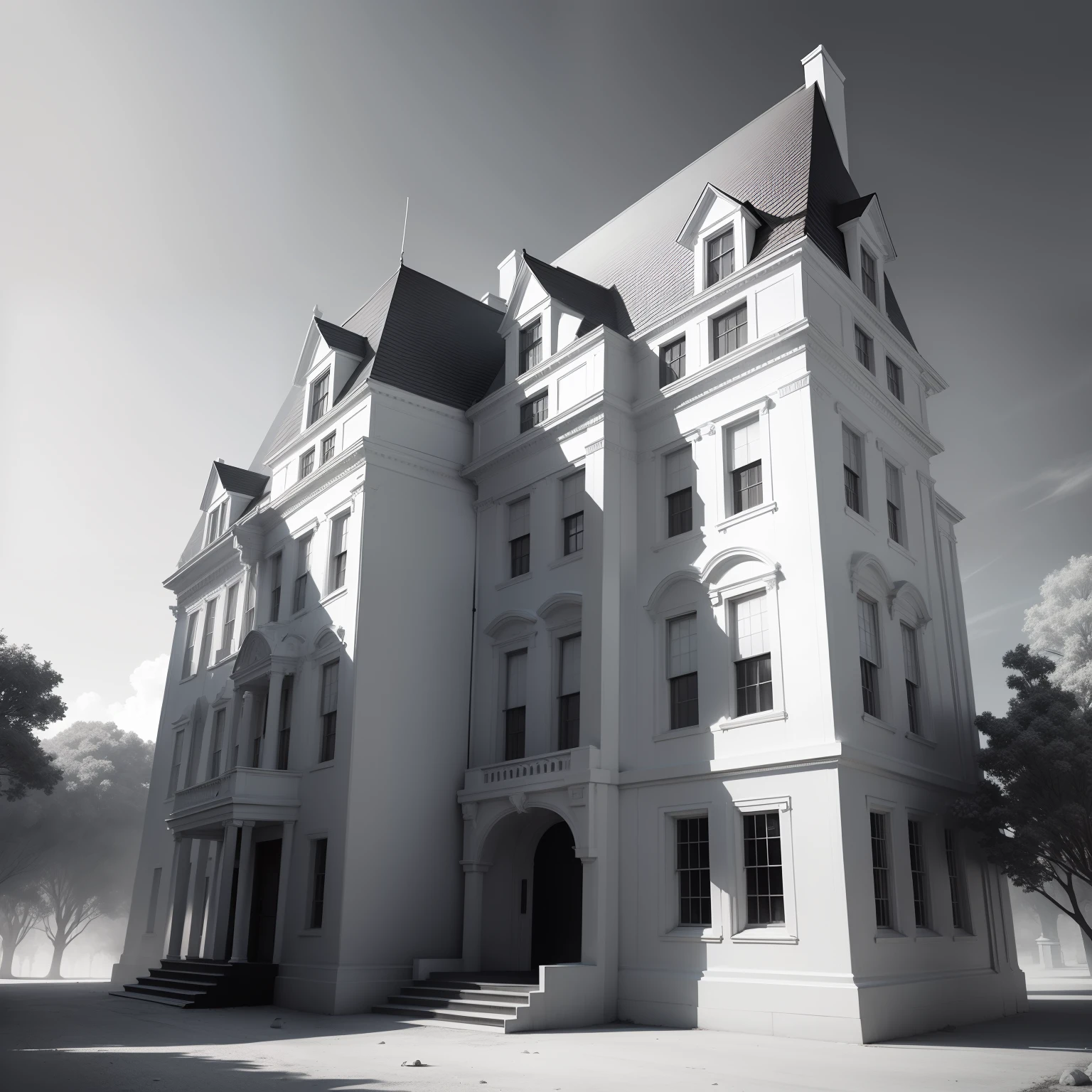 The White House, front view, black and white, line art, concept art, 4k