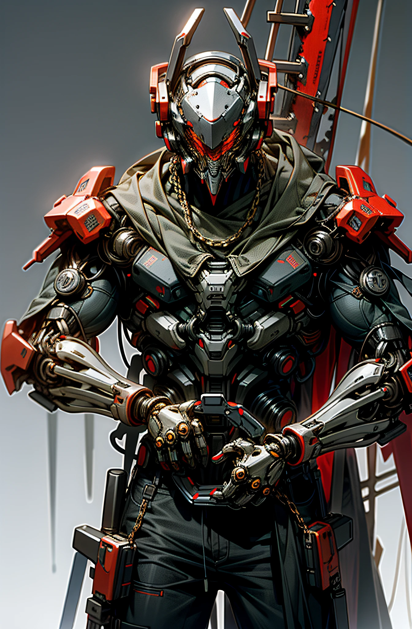 Dark_Fantasy,Cyberpunk,(chain saw,chain saw man,Red:1.1),1man,Mechanical marvel,Robotic presence,Cybernetic guardian,