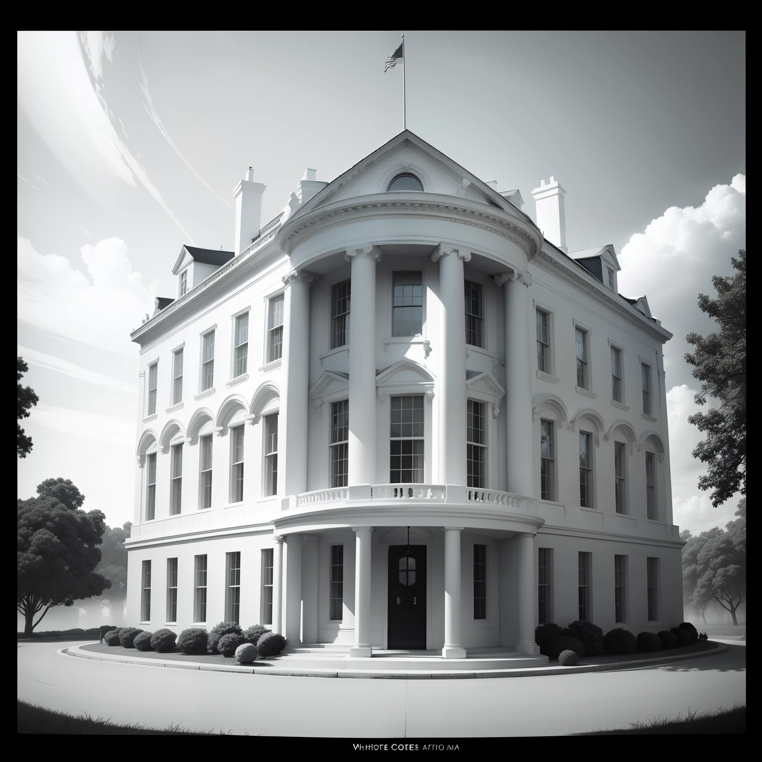 The White House, front view, black and white, line art, concept art, 4k