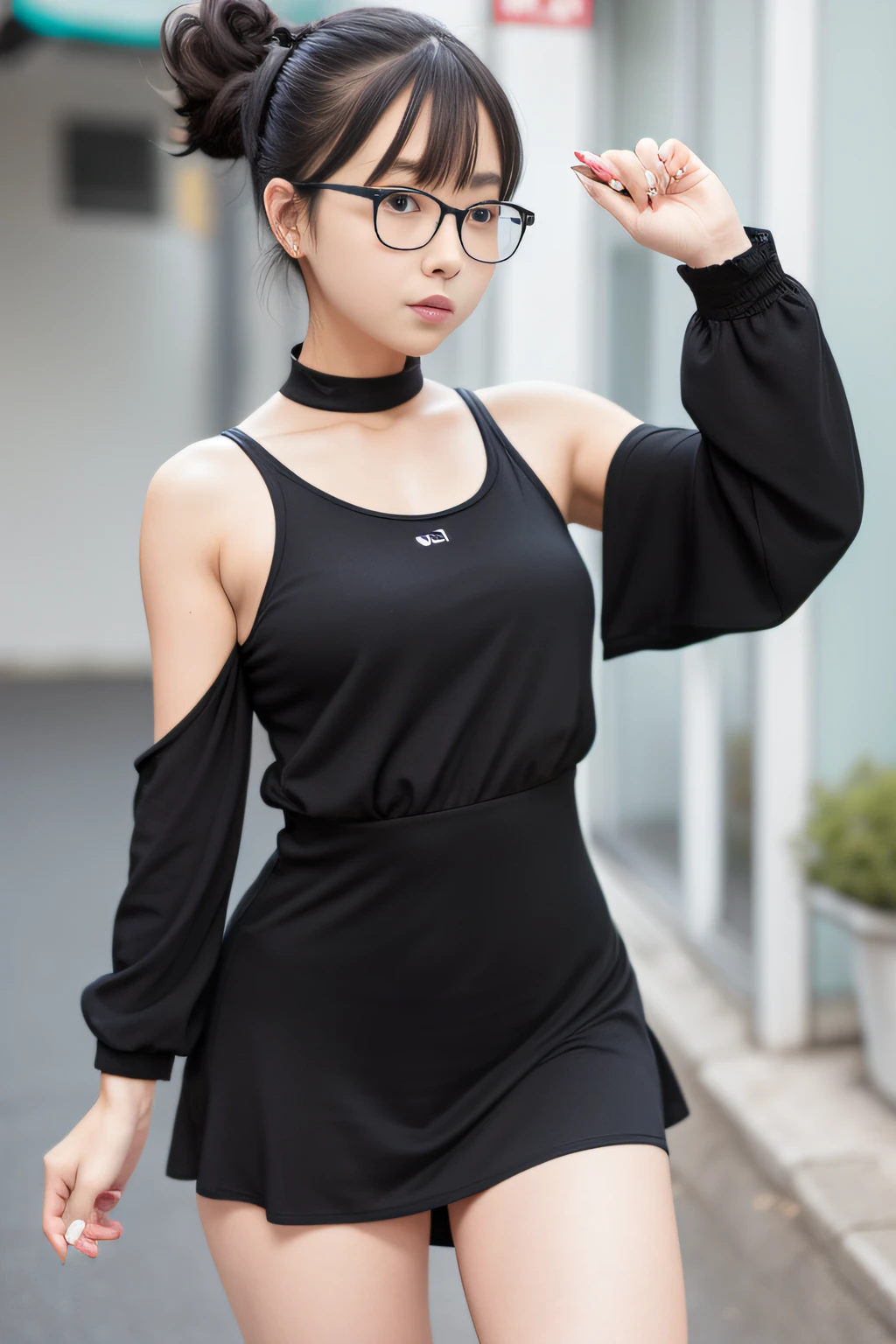 Dily Dance Center,black ponytail,Large-rim glasses,Harnes,Leaky shoulders,babyfat,Street dress,Exhibited