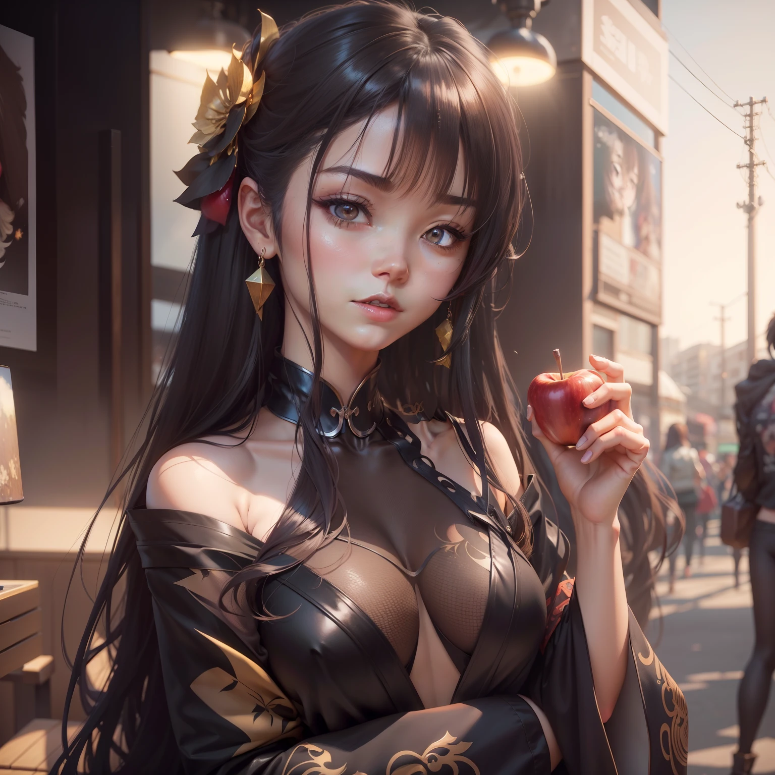 There is a woman with long hair holding an apple in her hand, artwork in the style of guweiz, 3 d anime realistic, Smooth Anime CG Art, realistic anime 3 d style, photorealistic anime girl render, Seductive Anime Girl, anime style 4 k, Detailed Digital Anime Art, anime styled 3d, Trending on CGSTATION, Anime style. 8K