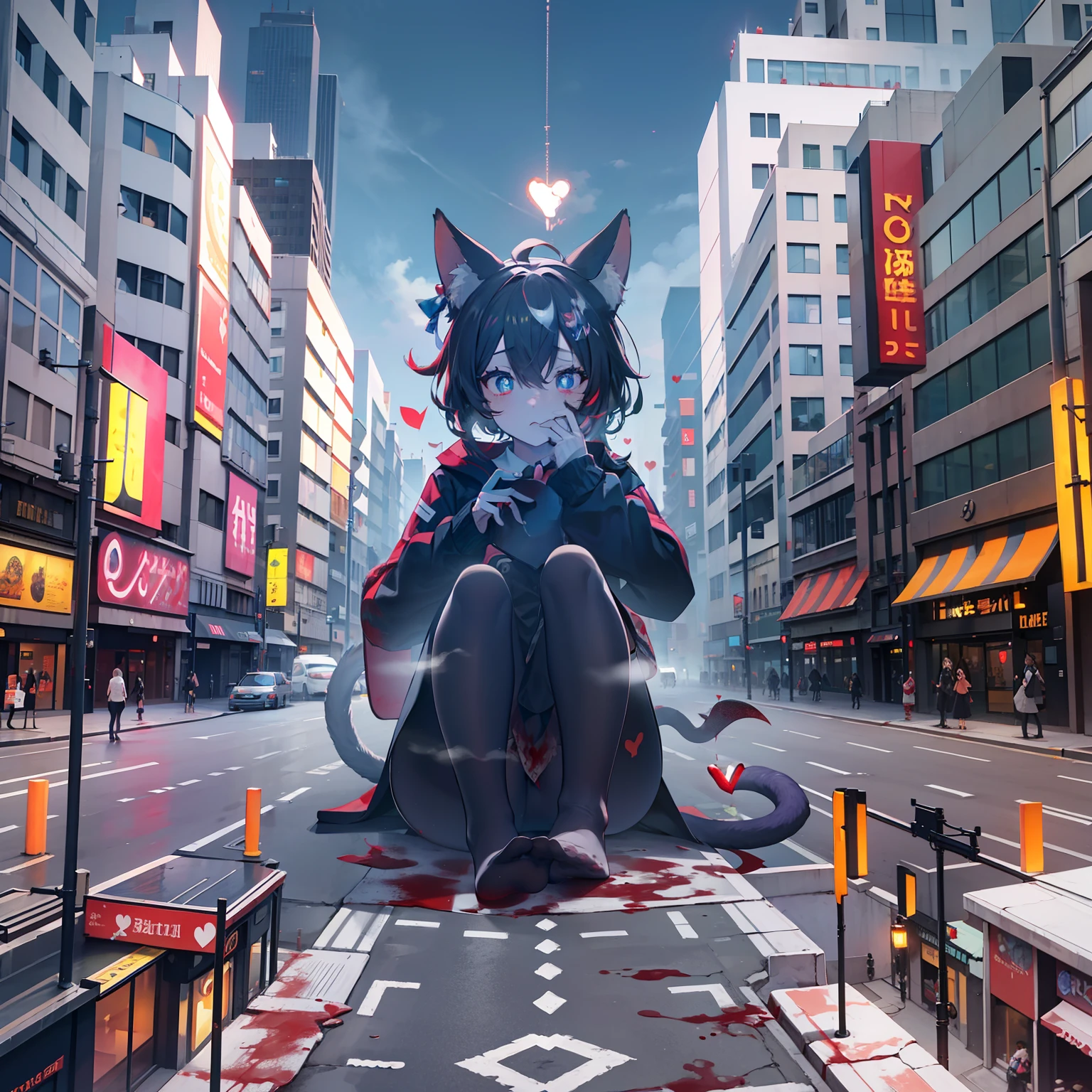 Giant Cat Girl Girl, without wearing shoes,  Blood sticks to white stockings, In the city, The girl has a cute expression, Sit in the middle of the city road and step on the city，looking down on the camera, Panicked masses, Heart-shaped pupils, Cinematic lighting, Textured skin, Masterpiece, hyper HD, retinas, 8K