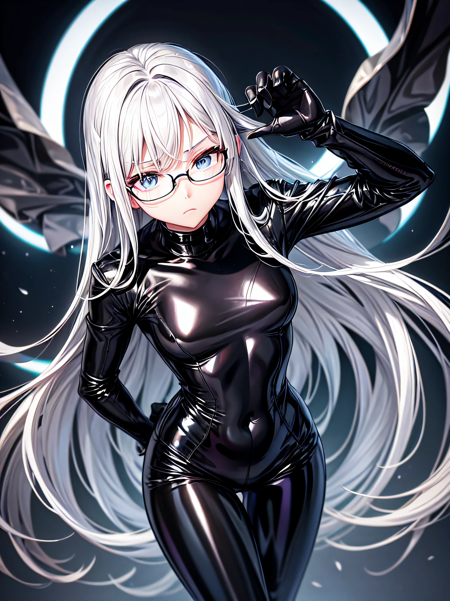 5 8K UHD、Silver-haired and small-nosed beauty in a shiny black rider suit with black shiny fingertips hiding skin up to the tips of black shiny fingertips wearing glasses is looking down with legs wide open、Late night city、Wearing a shiny black latex slider suit with hidden skin、Shiny black latex slider suit、Beautiful-nosed woman with one leg raised with expressionless eyes、Beauty with small nose with open legs