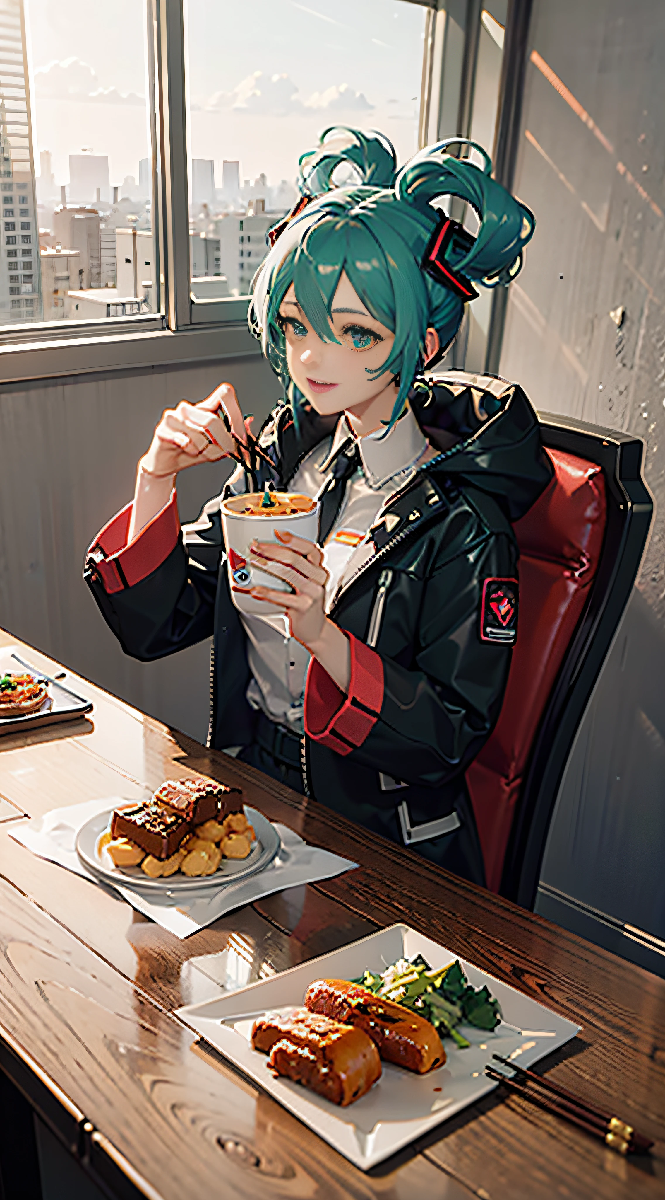 1 girl，down jacket，inside fast food restaurant，Hold chopsticks in your right hand，Rest your chin with your left hand，Hot meals，Bright colors，Bright eyes，A charming smile，Hold the dumplings with chopsticks and reach out to the camera，outstanding，The picture is bright，Big breasts Hatsune Miku，high high quality，A high resolution,（detailed_light：1.1）,Be red in the face,（very fine and beautiful：1.1）， Hatsune_Miku,（best shadow：1.1），（Most Best Illustration：1.1），（beatiful detailed eyes：1.3），8K,putting makeup on，looking at viewert，Very long hair，dual horsetail，light  smile，