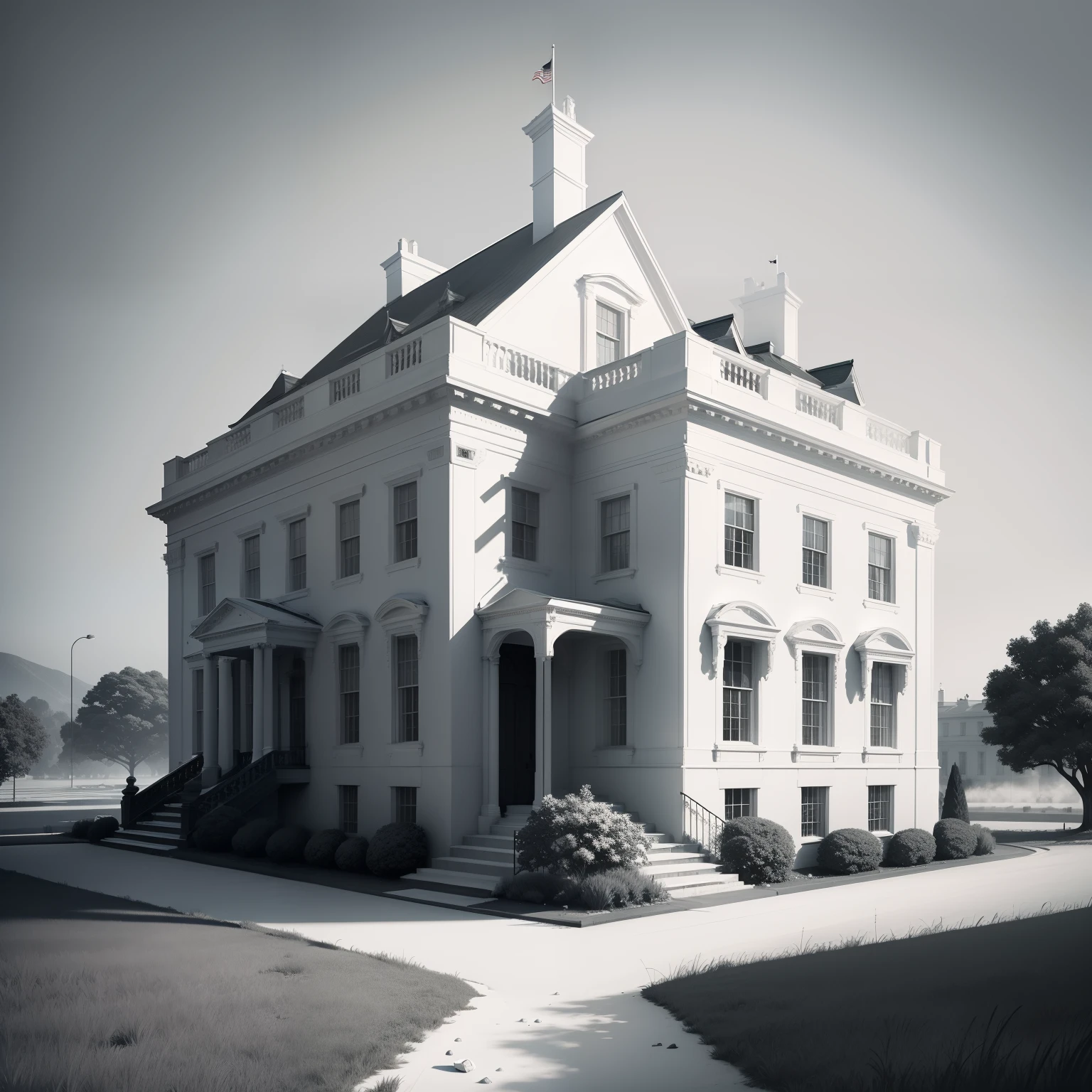 The White House, black and white, line art, concept art, 4k