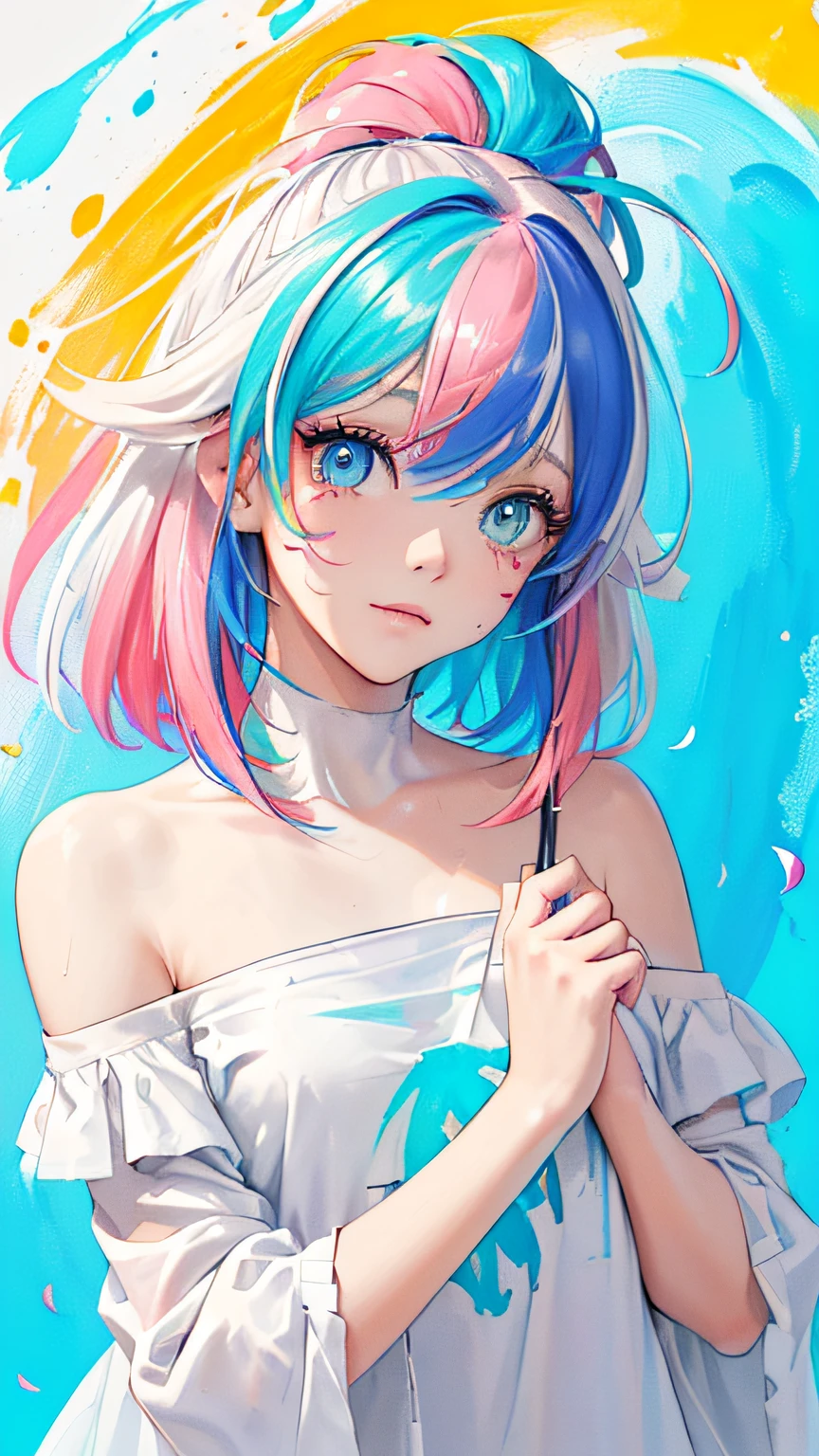 (Pink Fashion T-shirt:1.9),(Colorful hair: 1.8), (all the colours of the rainbow: 1.8),(((((vertical painting:1.6))), (painting:1.6),front, comics, illustrations, paintings, large eyes, crystal clear eyes,( rainbow color gradient high ponytail:1.7), exquisite makeup, closed mouth,(Small Fresh: 1.5),(Wipe Chest: 1.6) ,long eyelashes, white off shoulder T-shirt, White Shoulder Shirt,looking at the audience, large watery eyes, (rainbow colored hair:1.6), color splash, (solo:1.8), color splash, color explosion, thick paint style, messy lines, ((shining)),(colorful), (colorful), (colorful), colorful, Thick Paint Style, (Splash) (Color Splash), Vertical Painting, Upper Body, Paint Splash, Acrylic Pigment, Gradient, Paint, Highest Image Quality, Highest Quality, Masterpiece, Solo, Depth of Field, Face Paint, colorful clothes, (Elegant: 1.2), gorgeous,long hair, wind, (Elegant: 1.3), (Petals: 1.4),(((masterpiece))),(((best quality))),((ultra-detailed)),(illustration),(dynamic angle),((floating)),(paint),((disheveled hair)),(solo),(1girl) , (((detailed anima face))),((beautiful detailed face)),collar,bare shoulders,white hair, ((colorful hair)),((streaked hair)),beautiful detailed eyes,(Gradient color eyes),(((colorful eyes))),(((colorful background))),(((high saturation))),(((surrounded by colorful splashes))),