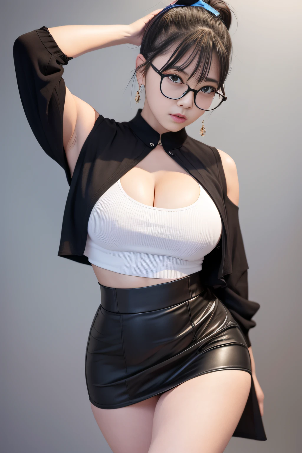 Dily Dance Center,black ponytail,Large-rim glasses,Harnes,Leaky shoulders,babyfat,Skirt that wraps hips,Exhibited,