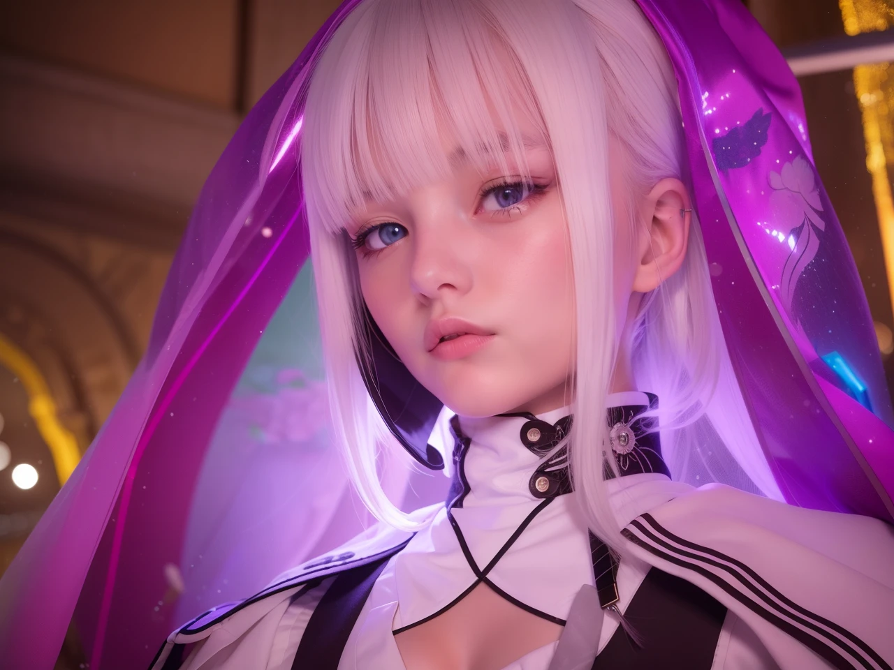 1girl, White hair, white clothes, realistic, ultra detail, 70mm lens,