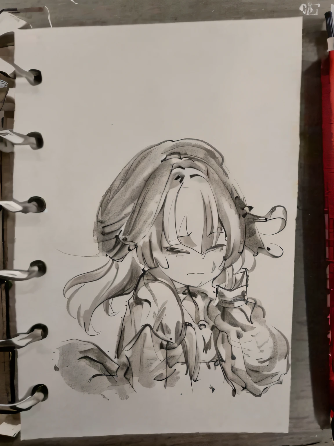 A painting of a girl with long hair and a hoodie, small curvaceous loli, anime sketch, Line sketch!!, Kantai collection style, she has a cute expressive face, loose pencil sketch, an anime drawing, small loli girl, anime shading), from girls frontline, Anime Paintings, pencil and ink manga, From Arknights, Marin Kitagawa fanart