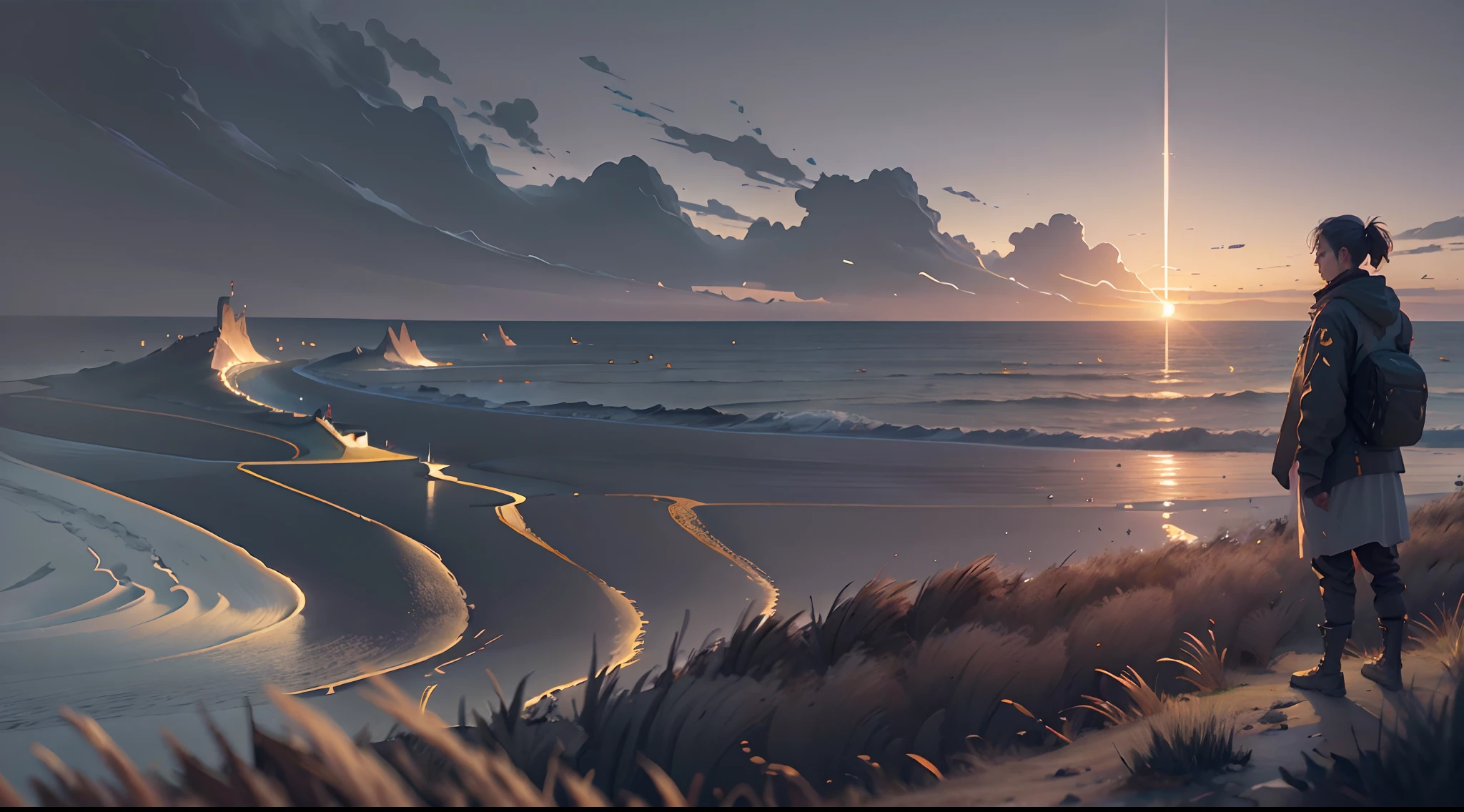A commanding: ``/create prompt:Stand on the hill at sunrise,(Boy:0.1), Dawn of water body on sea background, video art, matte painting, Cinematic landscape model:Real``
