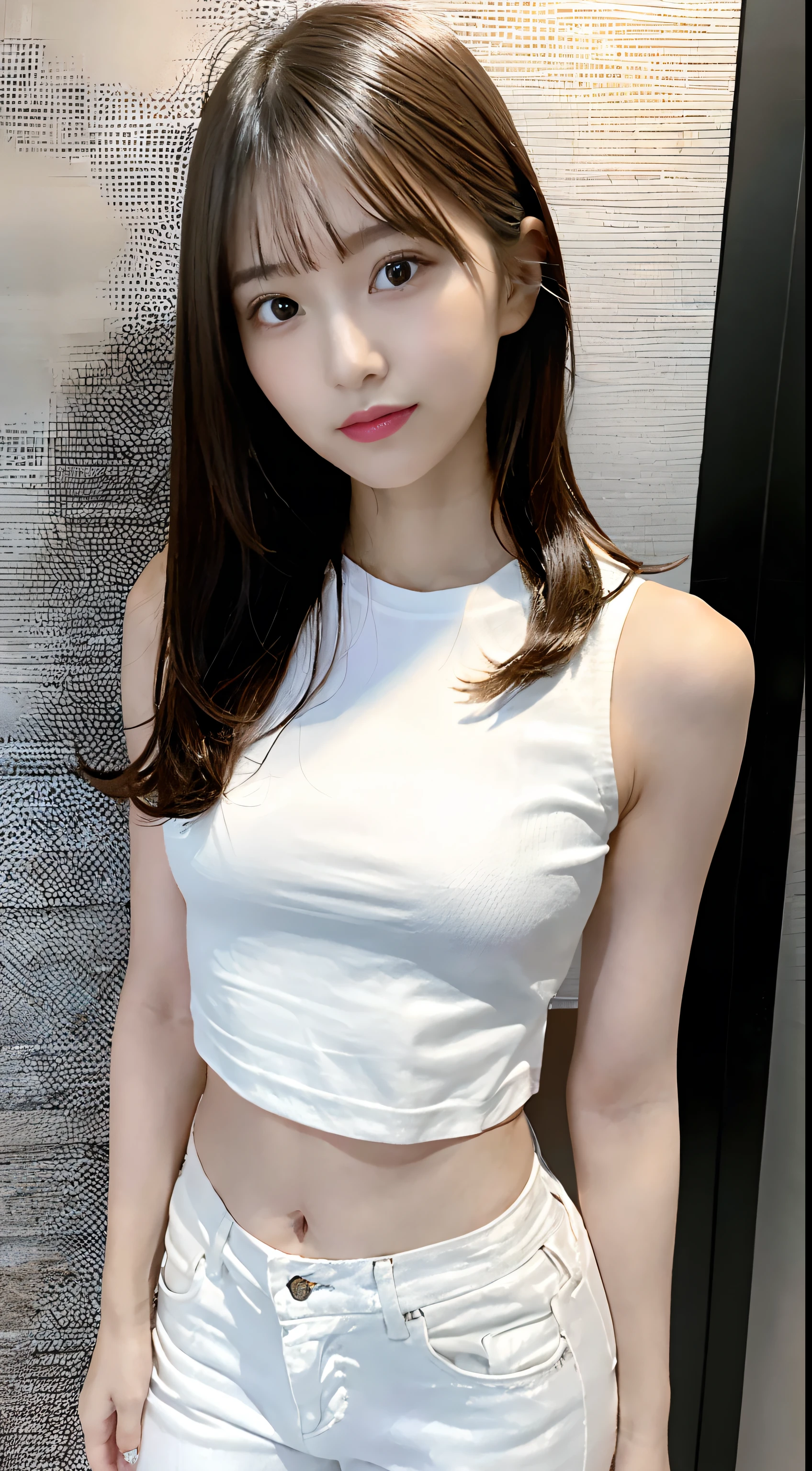 Girl posing for photo in white bra and tight denim, arms behind back, full body, slender legs, small white shoes, with cropped t-shirt, bra, slim figure, smaller bust, slim girl model, 24 year old female model,