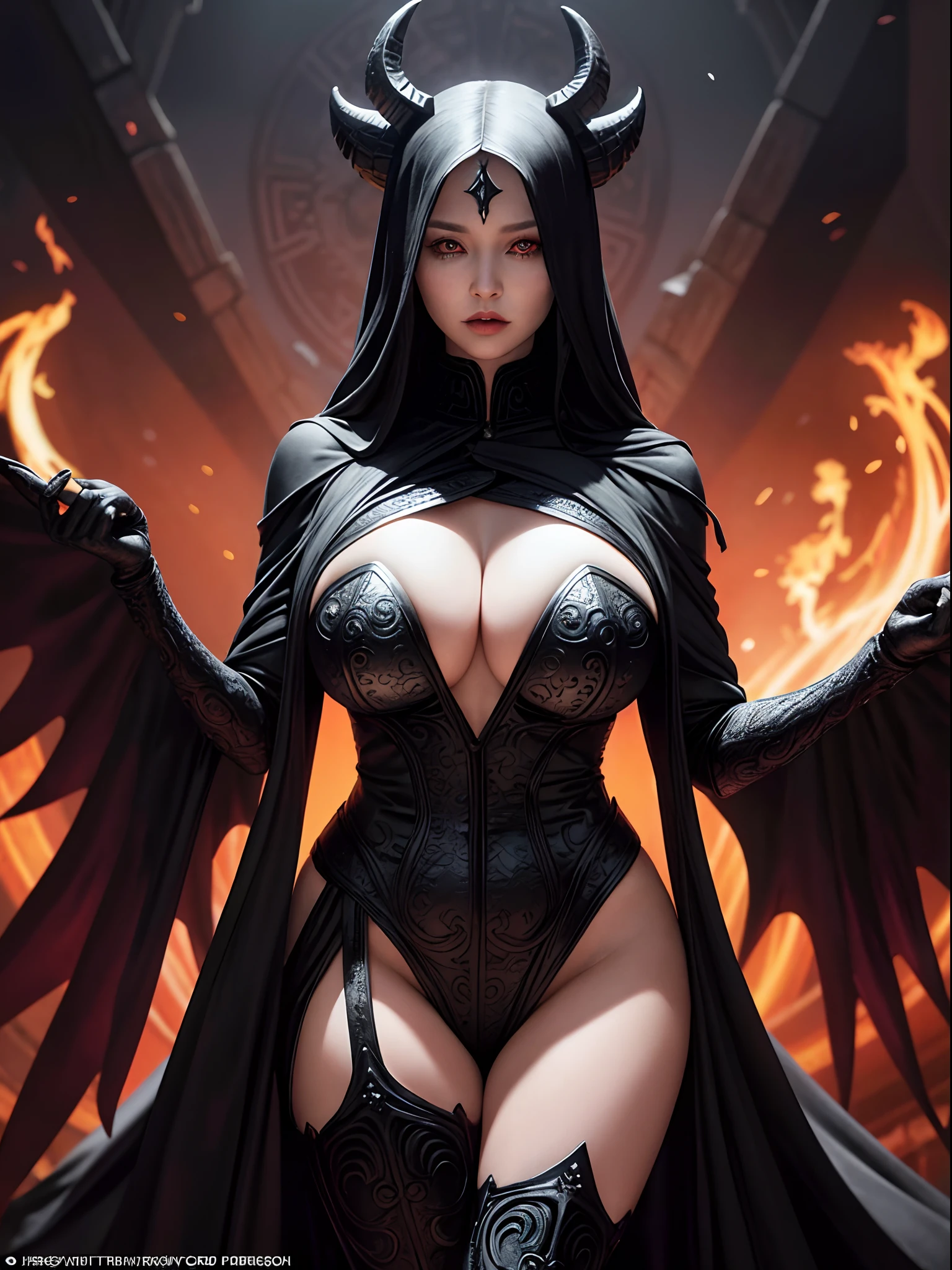 Hellbringers, Dressed in a black robe,Mask carved mysterious pattern,Eyes flashing with cold light,Fingers are long and beautiful,The voice is deep and beautiful,Lead sinful souls to judgment and punishment,Maintain balance and justice in the world, huge breasts, breasts out, shinny skins,fire on breast,