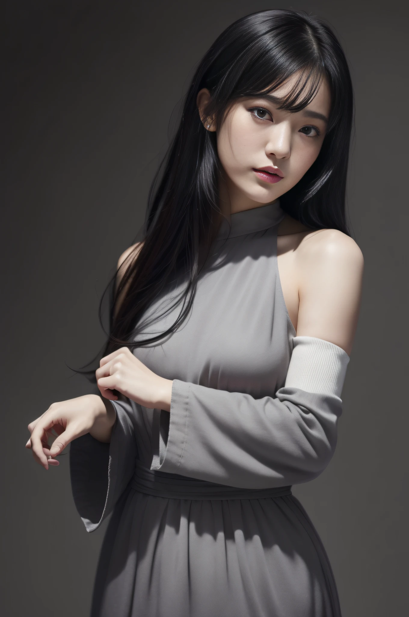 ((10: 1.27), top-quality, master-piece, ultra-high resolution: 1.2) Photos of cute Japanese women (attractive:1.1),dark gray background,Open shoulder dress