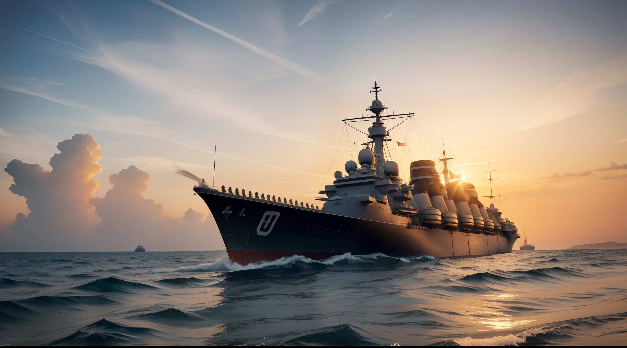 Against the backdrop of a magnificent sunset off the coast of Italy, an imperial battleship-dreadnought from the First World War appears, The colossal wonder of sailing on calm waters. Its majestic silhouette is adorned with towering towers and commander's guns, Evidence of its military superiority. The golden hues of the sun paint a radiant glow on the metal surface of the battleship, while the serene waves reflect its formidable presence. As he floats into the arms of the Italian sunset, The awe-inspiring figure of the battleship and the splendor of the fading day come together, Creating an immersive scene, combining history and beauty.
