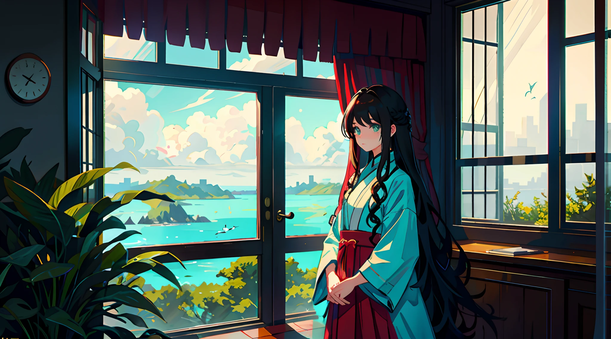 2. The character：Zhixia stood in front of the tall floor-to-ceiling window in the living room，Big wavy curls of dark brown flutter gently in the breeze，Cyan eyes look into the distance。 action：She quietly stared out the window at the scenery，There was an expression of serenity and contemplation on his face，The heart is as if it is one with nature。