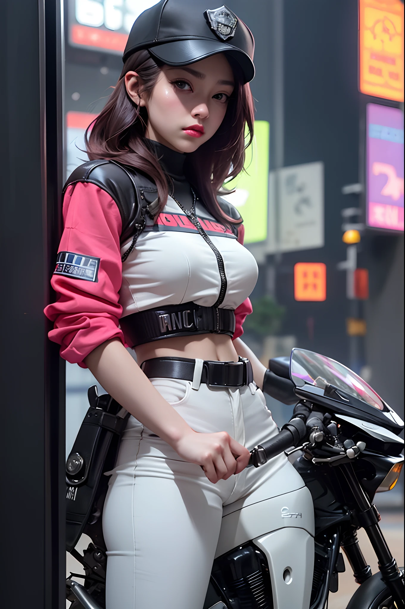 Beautiful woman medium hair, wearing cap, cyberpunk style short clothes, cyberpunk police woman, tomboy, Traffic Police, flying futuristic police motorcycle, police hovercycle patrol, night, neons