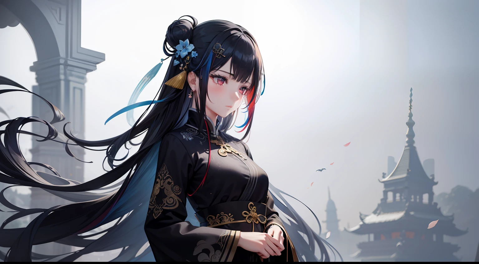 dramatic angle,(fluttered detailed ink splashs), (illustration),(((1 girl))),(long hair),(rain:0.6),(expressionless ,hair ornament:1.4),there is an ancient palace beside the girl,chinese clothes,(focus on), color Ink wash painting,(ink splashing),color splashing,((colorful)),[sketch], Masterpiece,best quality, beautifully painted,highly detailed,(denoising:0.7),[splash ink],Author of Yin Yang：Elemental Codemaking Committee https://www.bilibili.com/read/CV19411021 Source：bilibili