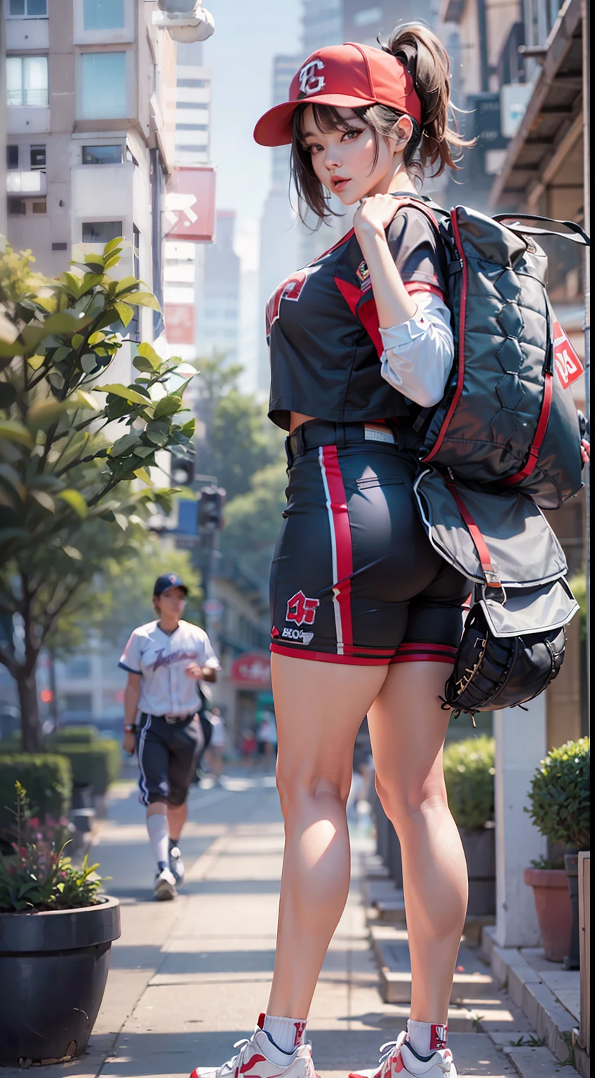 A Japanese woman walking in the city,Buildings,A plant,ssmile,Mixed Korean,The background is blurred out,focal,电影灯光,(((tmasterpiece))), ((best qualtiy)), ((Complex and detailed)), ((ultra-realistic realism)), Ridiculous resolution, A MILF, Mature woman, ssee-through, highly detailed, illustratio, 1girll, (huge tit), Thin waist and thick hips,long leges,beatiful detailed eyes, short detailed hair, brunette color hair, a purple eye, (Baseball uniforms:1.2),Baseball uniform T-shirt,Baseball uniform shorts,Baseball shoes,Socks,Knee protectors,baseball cap,baseball,Baseball bat,Baseball pants,baseball player,Leggings,Baseball leggings,(underdressing), pantiess, detailed back ground, perfect eyes, Seductive eye, looking at viewert, From the front,Wear light,