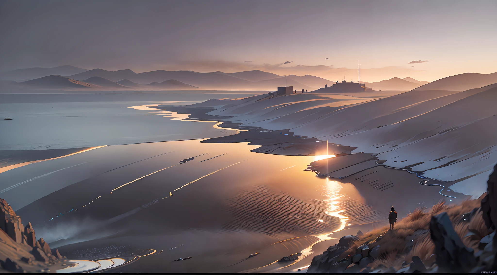 A commanding: ``/create prompt:Stand on the hill at sunrise,(shoun:-1), Dawn of water body on sea background, video art, matte painting, Cinematic landscape model:Real``