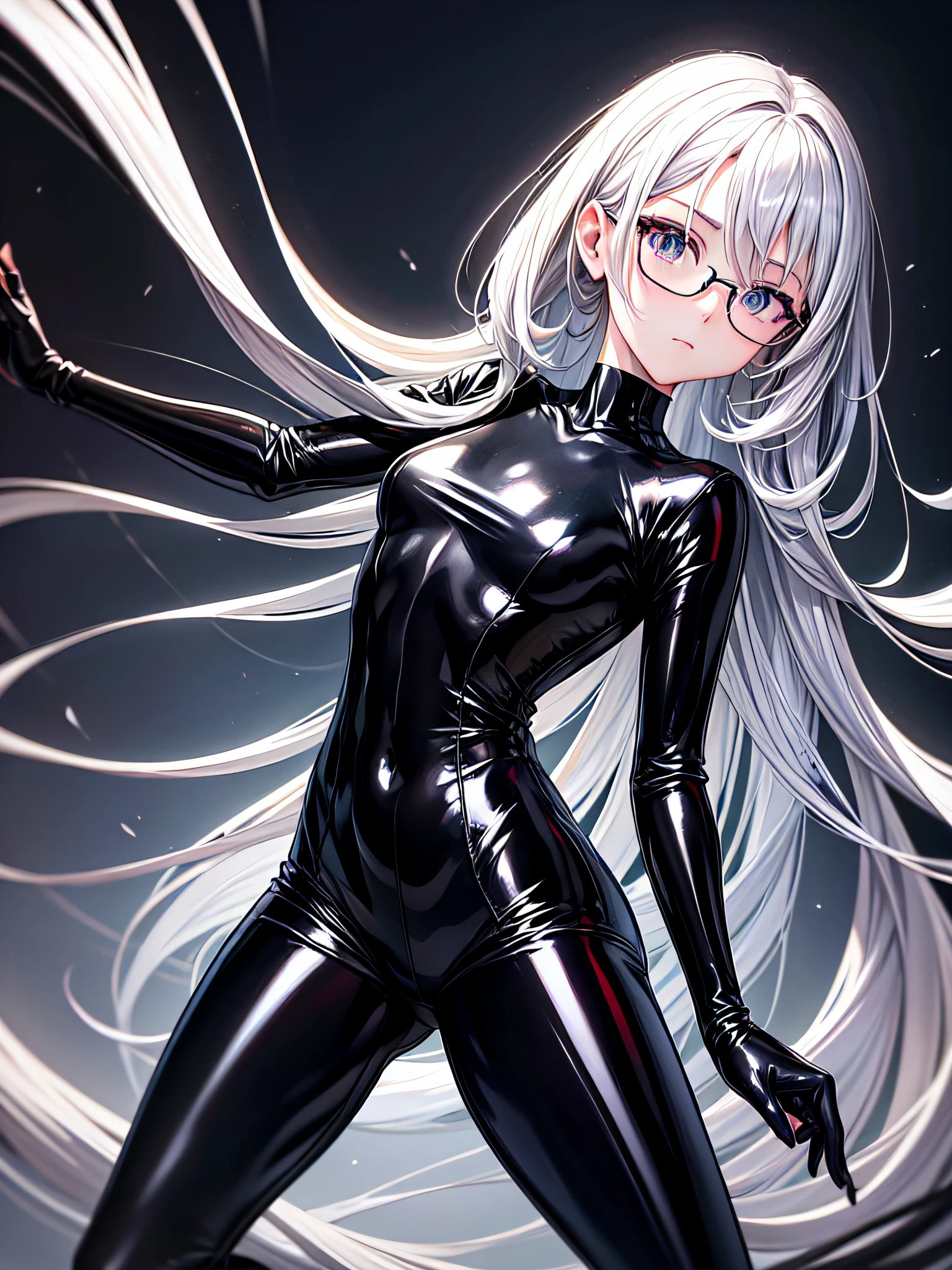 5 8K UHD、Silver-haired and small-nosed beauty in a shiny black rider suit with black shiny fingertips hiding skin up to the tips of black shiny fingertips wearing glasses is looking down with legs wide open、Late night city、Wearing a shiny black latex slider suit with hidden skin、Shiny black latex slider suit、Beautiful-nosed woman with one leg raised with expressionless eyes、Beauty with small nose with open legs