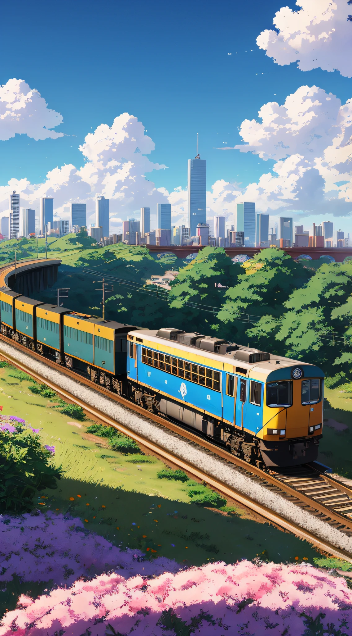 (master part), best quality. vista de canto de um trem Anime nos trilhos com uma cidade ao fundo, Arbustos, flores silvestres, Fluffy white clouds in blue sky, Destaque ensolarado, Estilo Makoto Shinkai . —h 2160, intricado, insanamente detalhado, digital illustation, Pintura digital, estilo dos desenhos animados, estilo anime, estilo niji. HDR, 8k