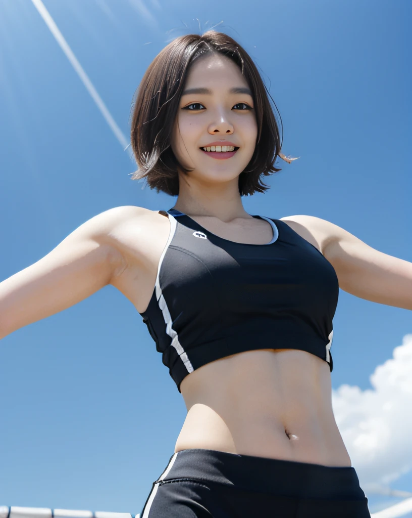 zydG, 1girls, Front view, stand, looking the viewer, exposed skin, (from below),brown-eyed, (brown very short hair:1.2), (light hair), (medium breasts:1.4), smile with white teeth, (photorealestic:1.4), (Top image quality:1.0), (UltraHighResolution:1.0), 8K, Raw photography, (A masterpice:0.2), track and field uniforms, show abs, (sweat, wetty:1.1), portlate, facefocus, ful body,(pureerosface_v1:0.5), outdoor, track and field,
