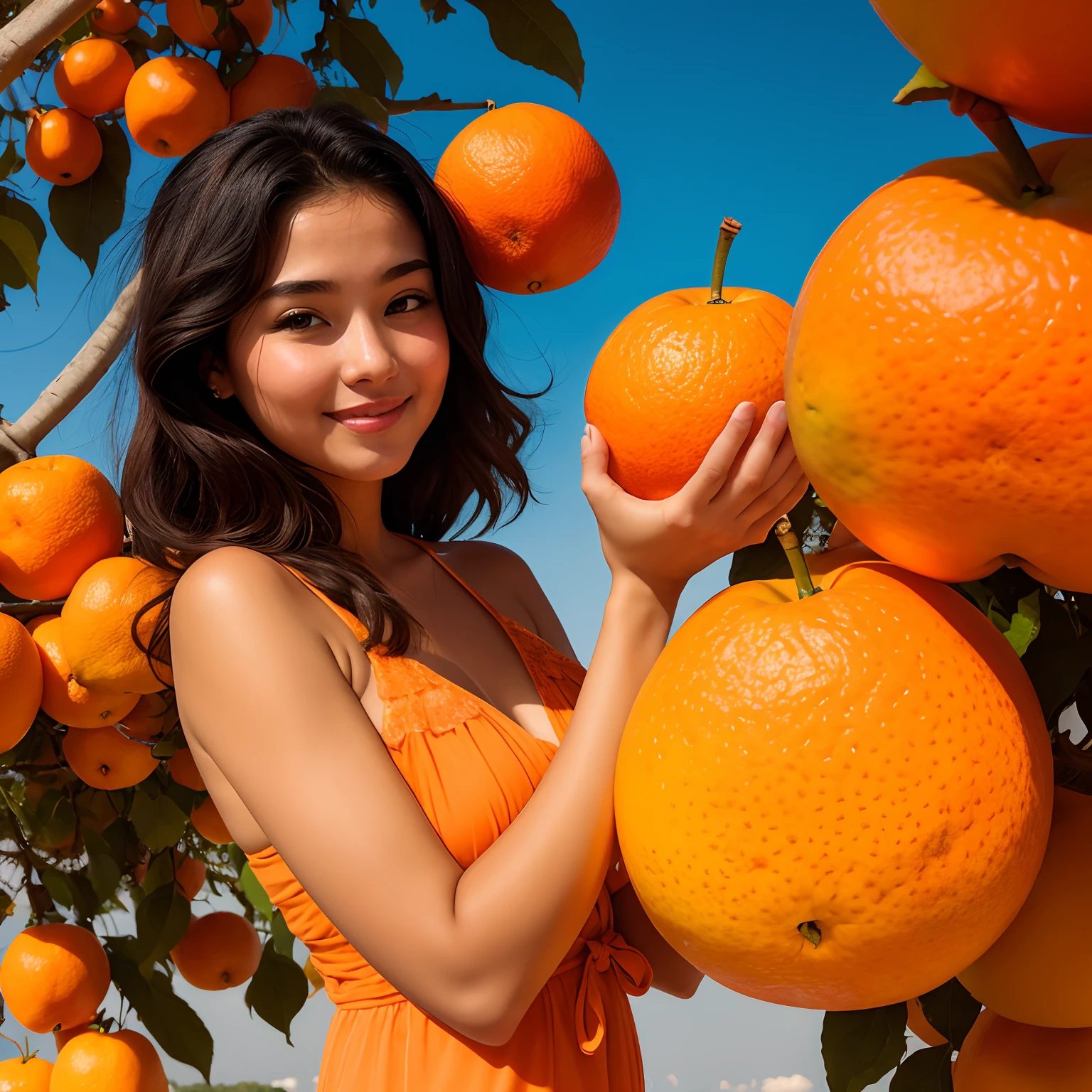 A beautiful girl in the sky full of orange fruit