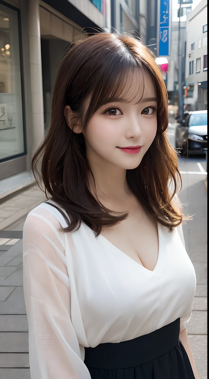 masutepiece, Best Quality, Illustration, Ultra-detailed, finely detail, hight resolution, 8K Wallpaper, Perfect dynamic composition, Beautiful detailed eyes, doress,Medium Hair, Big breasts, Natural Color Lip, Random and sexy poses,Smile,Aoyama Street Walk、20 years girl