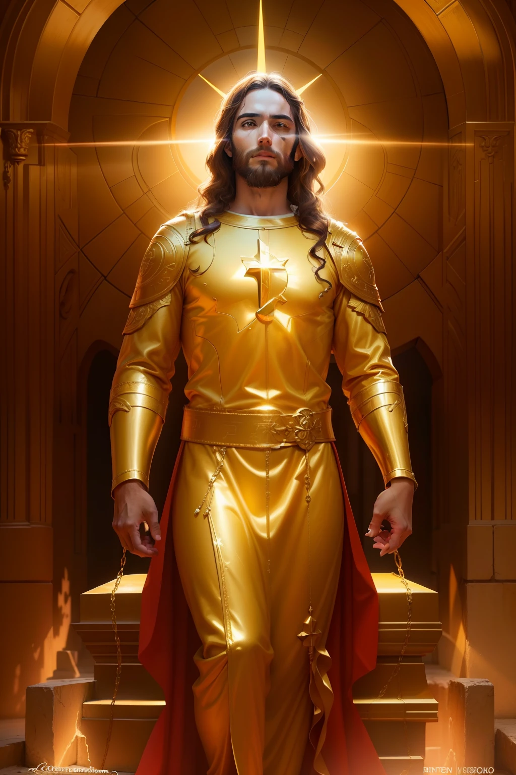 Jesus Cristo com aspecto resplandecente como o sol andando no meio de Candeeiros de Ouro puro lindo e dourado. Image with very high lighting quality, Very high resolution image, image with very high coloration, imagem realista, imagem hiperdetalhada.
