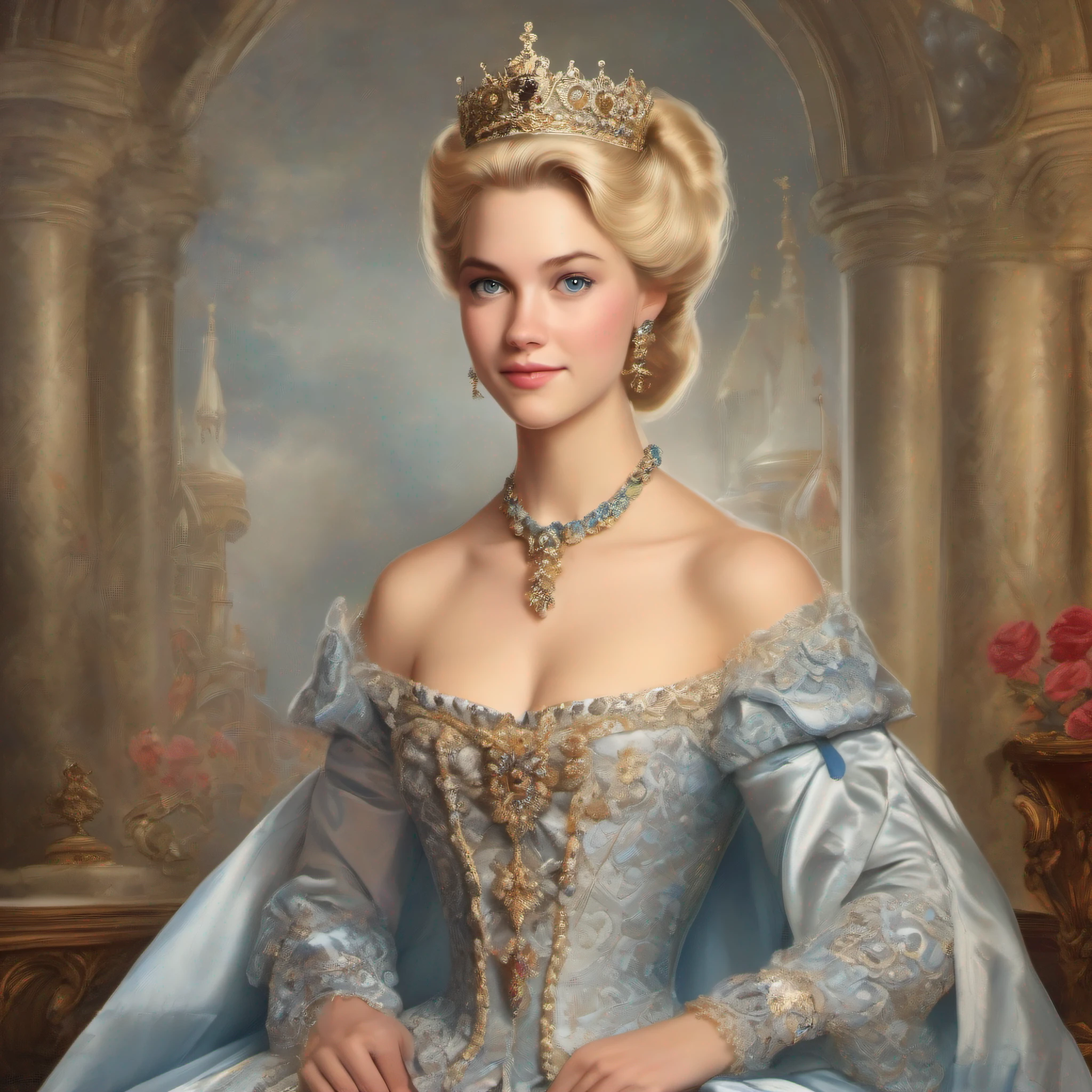 Formal and Official Royal Portrait of a Stunningly beautiful young blonde Queen Cinderella wearing a stately and elaborate Coronation Gown of Silver Damask and Gold Brocade adorned with huge ribbon bows, rosebuds, bejeweled satin sashes, diamond stars, diamond crosses, regalia, royal insignia, orders of chivalry, badges of rank, embroidery and jewels