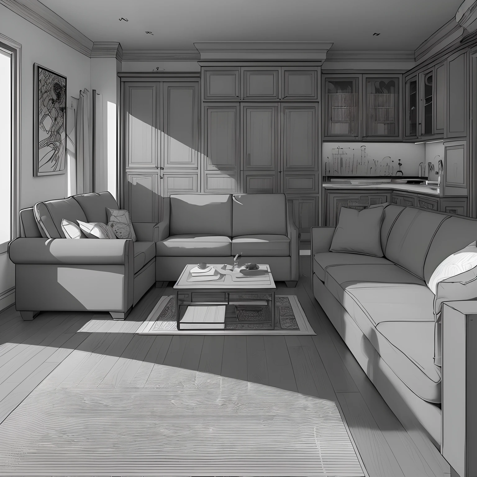 ​masterpiece、top-quality、High-quality images、8K、　　((unmanned、Background with、Precise perspective、line-drawing、Contour extraction、Monochrome grayscale、Moderate shading、Medium omission、Comic style、)):1.4　((Small living room、The table、sofa、cupboard、cupboard、unmanned))1.5