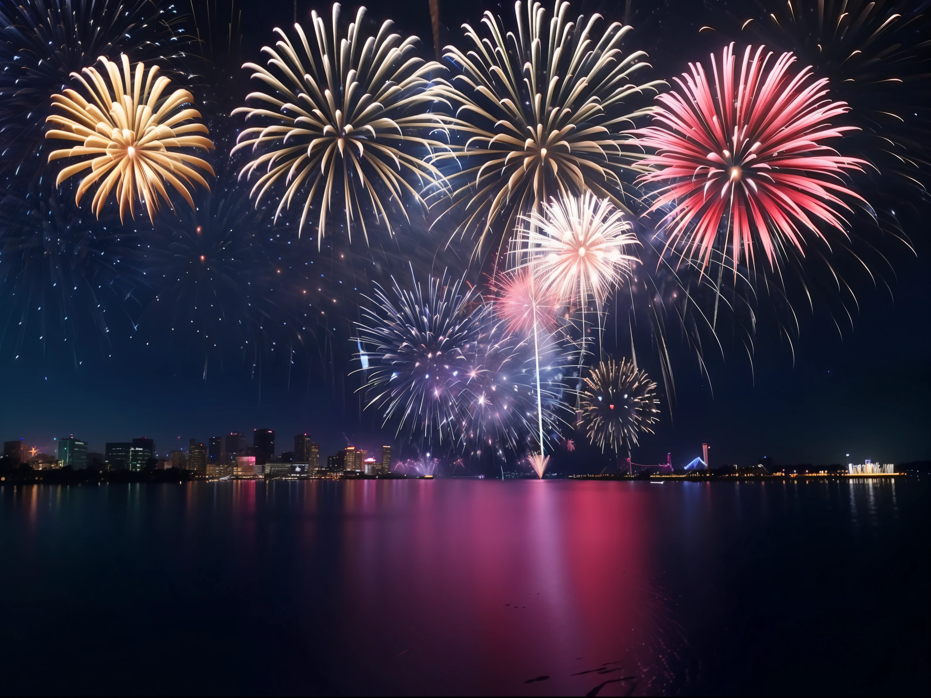 (((Many fireworks in the night sky))),top-quality、masterpiece、a picture、nigh sky、Cinematic top quality、landscapes、(no person),Fireworks Festival